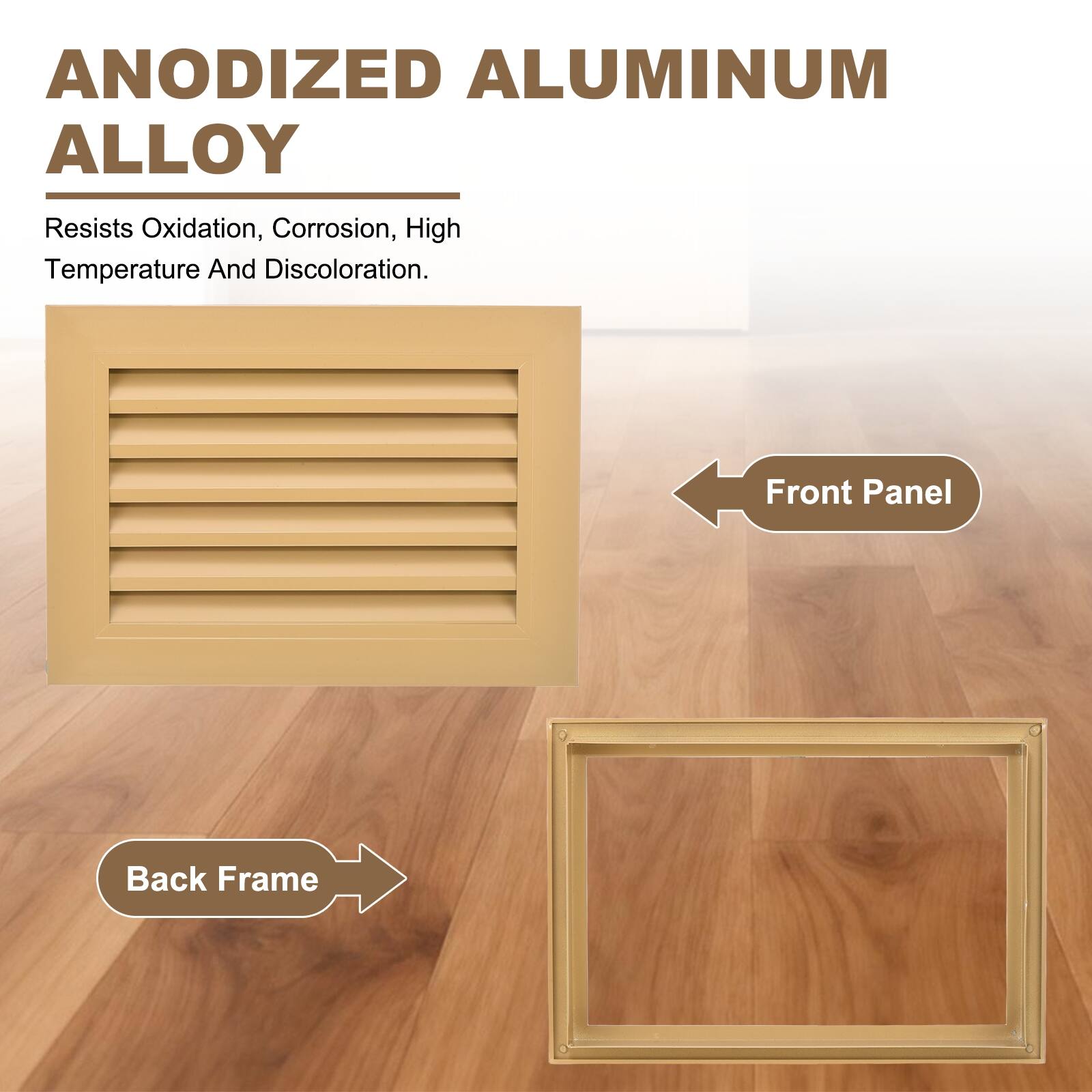 ANODIZED ALUMINUM ALLOY  
Resists Oxidation, Corrosion, High Temperature And Discoloration.  

Front Panel  
Back Frame