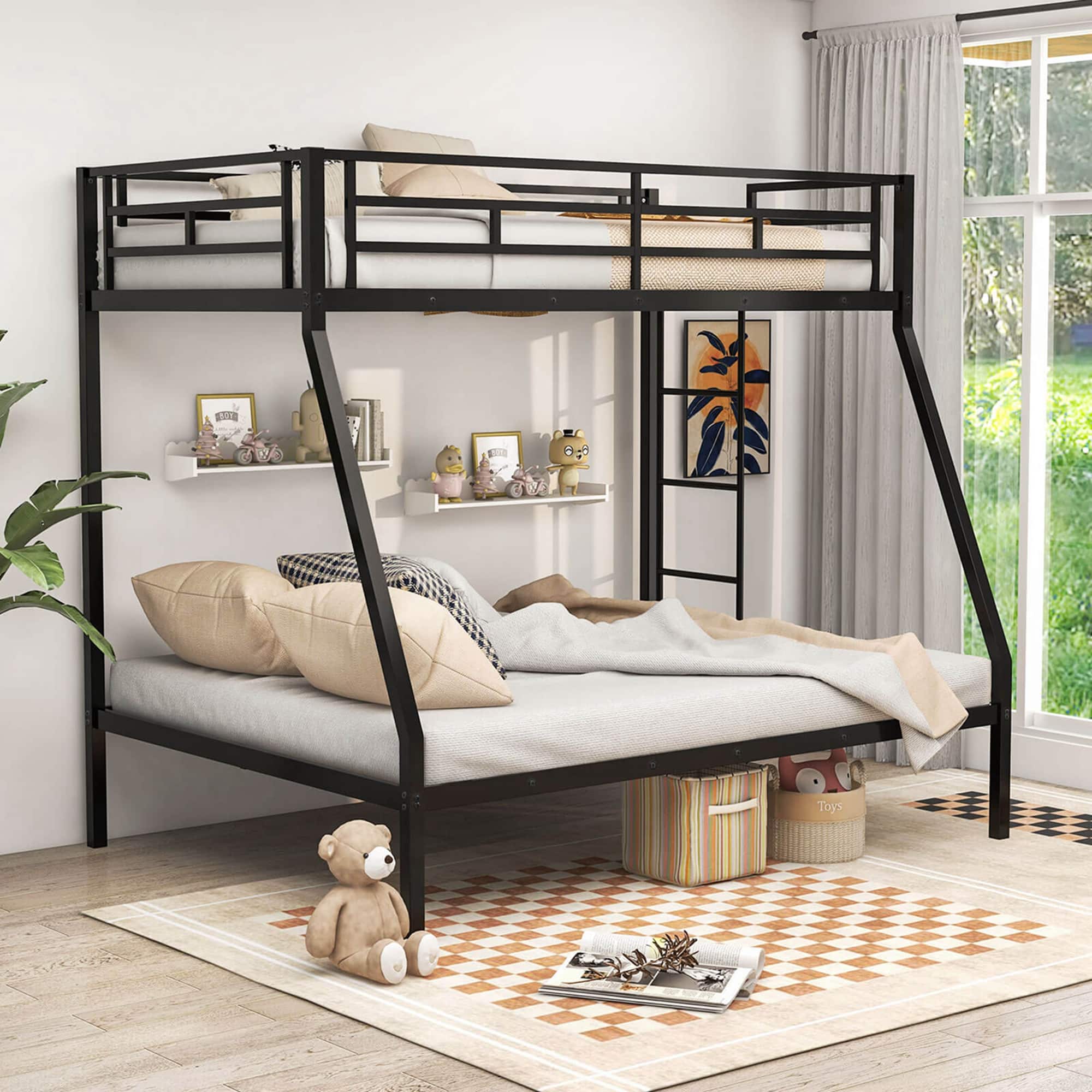 Costway - Twin Over Full Metal Bunk Bed with Integrated Ladder Full-length Guardrail - Black
