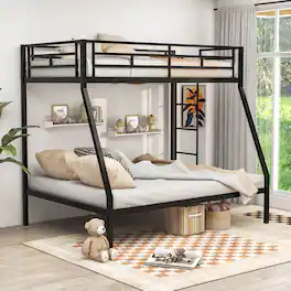 Costway - Twin Over Full Metal Bunk Bed with Integrated Ladder Full-length Guardrail - Black