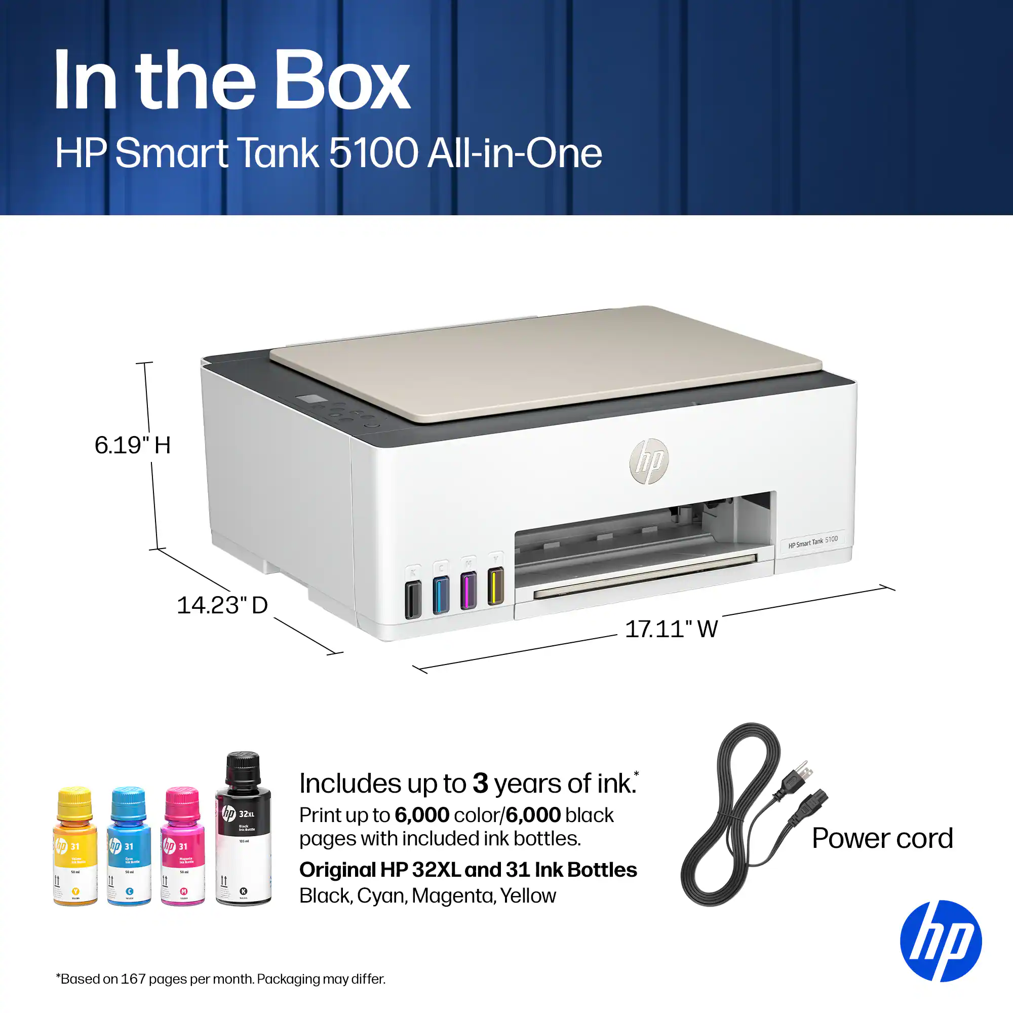 In the Box HP Smart Tank 5100 All-in-One

6.19" H
14.23" D
17.11" W

Includes up to 3 years of ink. Print up to 6,000 color/6,000 black pages with included ink bottles. Original HP 32XL and 31 Ink Bottles: Black, Cyan, Magenta, Yellow

*Based on 167 pages per month. Packaging may differ.

Power cord