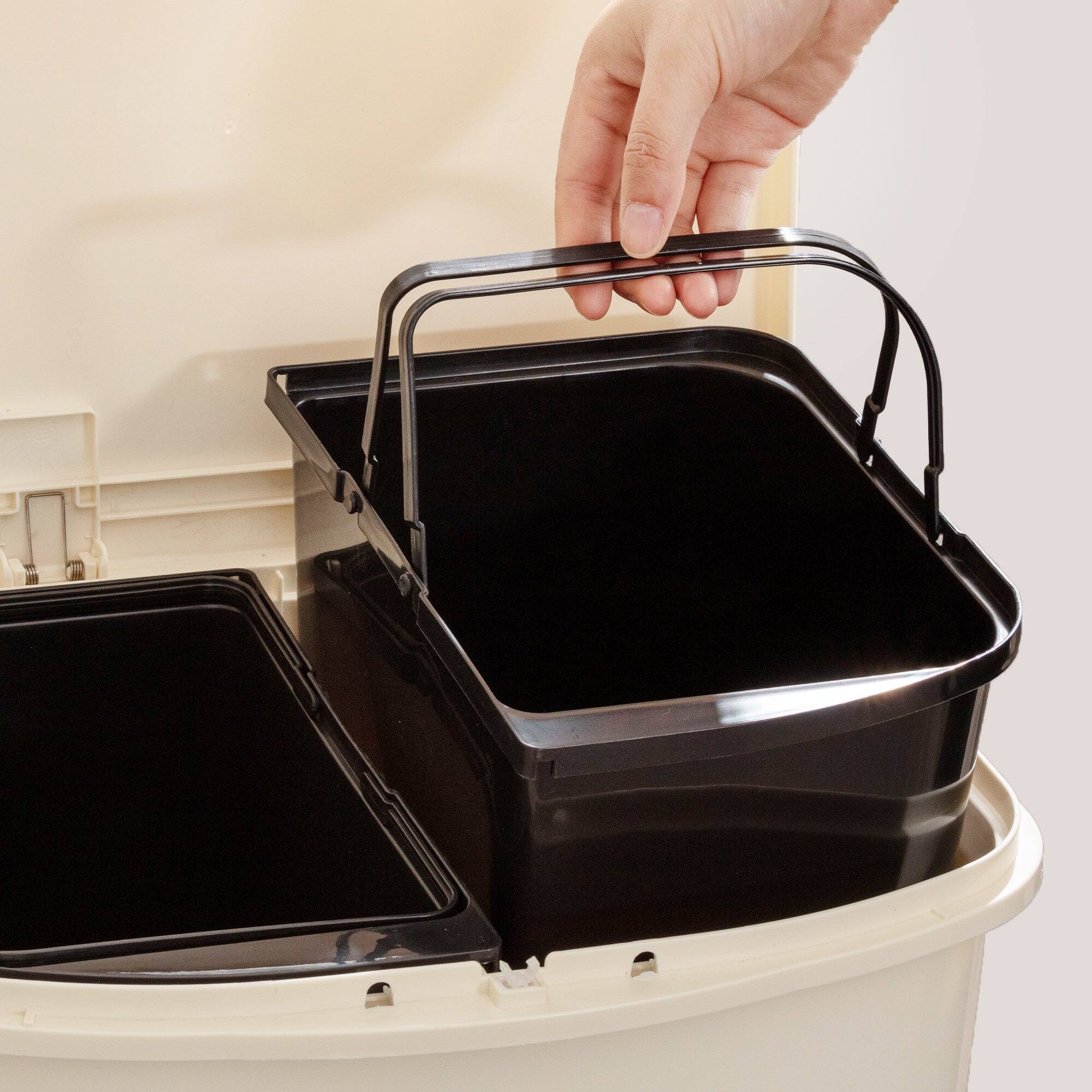 Back. Vecelo - Kitchen Trash Can with Press-Type Lid - Dual Compartment Pet Proof Garbage Bin, Tissue Holder & Storage Drawer - Beige.