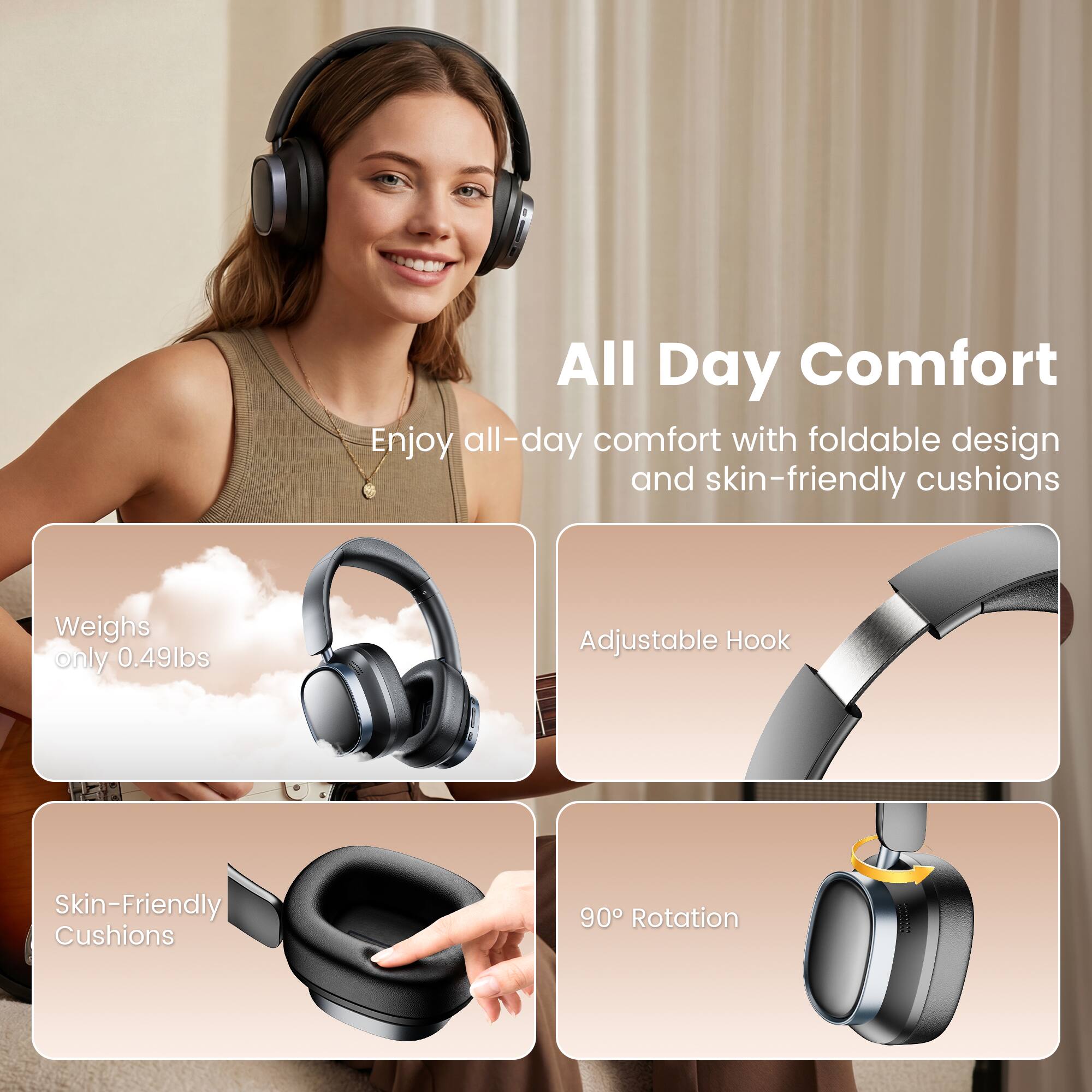 All Day Comfort  
Enjoy all-day comfort with foldable design and skin-friendly cushions  

- Weighs only 0.49lbs  
- Adjustable Hook  
- Skin-Friendly Cushions  
- 90° Rotation