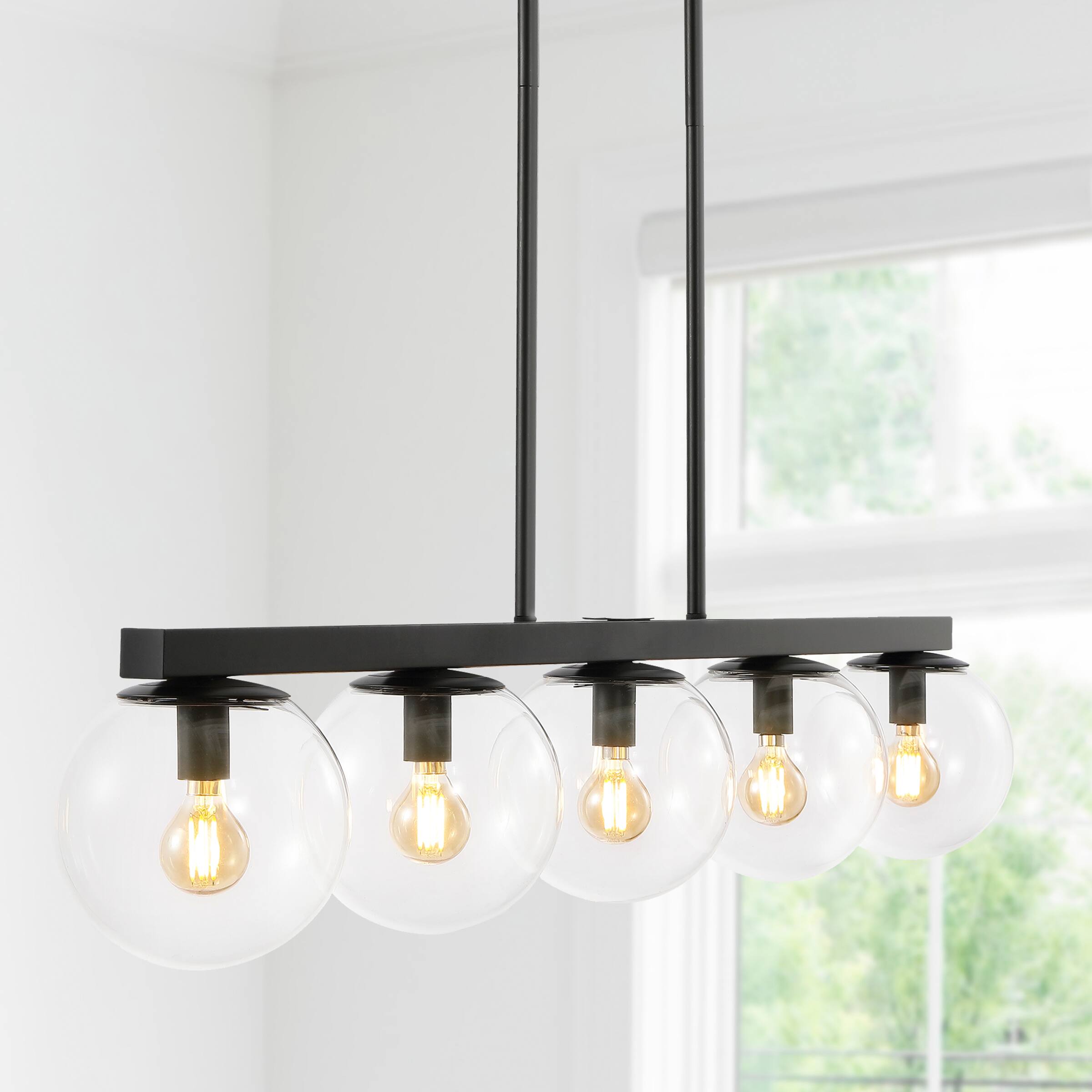 Alt View 1. Jonathan Y - Luca Parisian 45.5" 5-Light Modern Glam Iron Globe Linear LED Pendant, Black/Clear - Black.