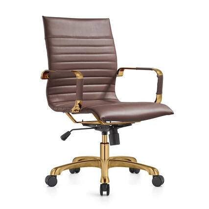 Front. LeisureMod - Harris Mid-Back Office Chair, Leather Upholstery with Gold Metal Frame Modern Armless Desk Chair for Conference Seating - Dark Brown.