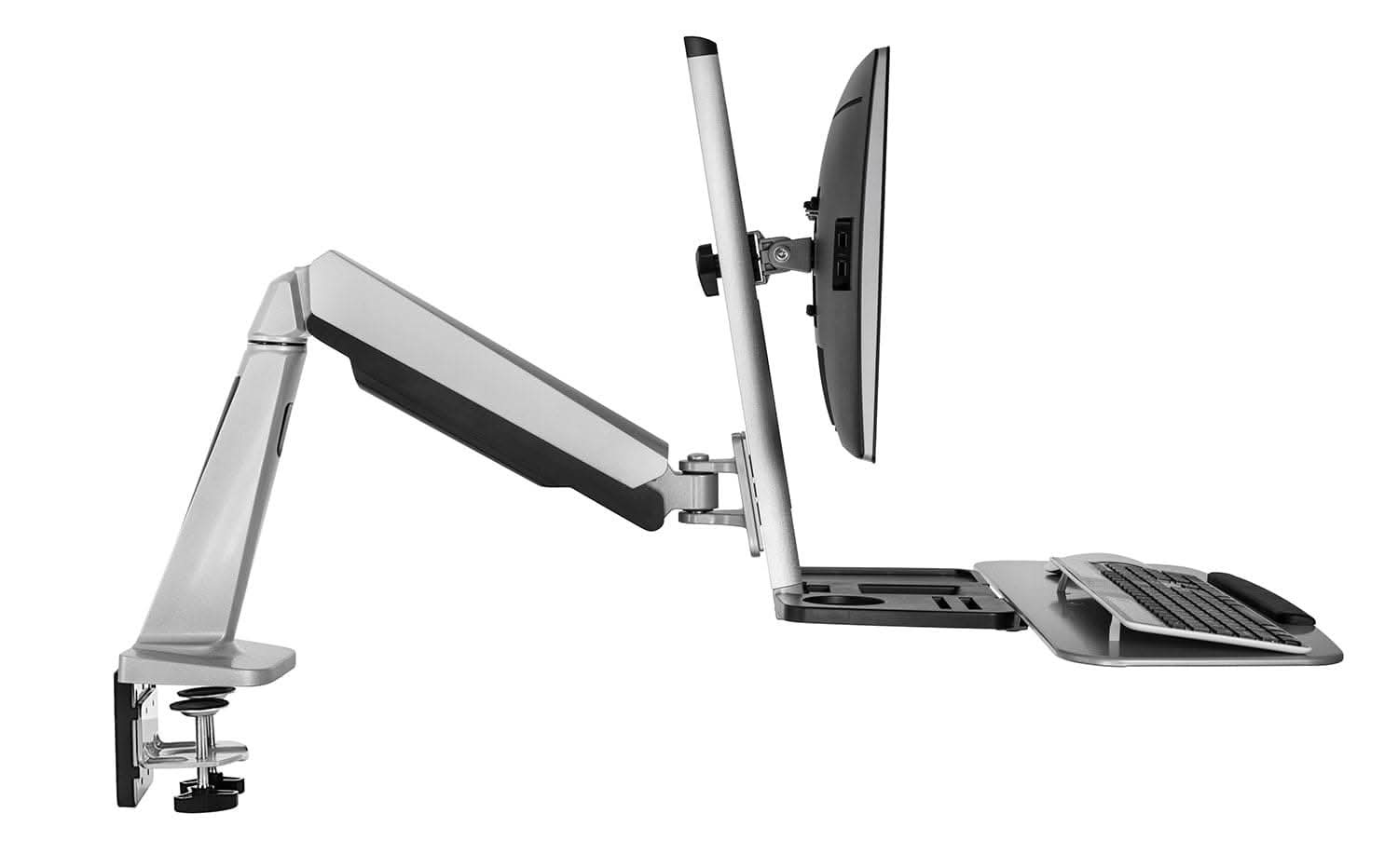 Alt View 4. Mount-It! - Single Monitor Adjustable Sit-Stand Workstation with Gas Spring Arm and Keyboard Tray, Silver - Silver.
