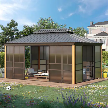 Front. U-HOMY - Outdoor Hardtop Gazebo Sunroom with Double Roof, Sliding Doors, Aluminum Frame & PE Screens, All-Season Lockable Pergola - 12x16.
