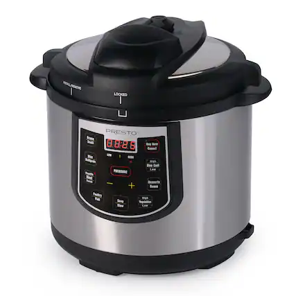 INSTALL/REMOVE LOCKED
PRESTO
8:0:2.9
BROWN SAUCE
Rice/Millet
LOW
HIGH
PRESSURE
Chop/Roast Meat
Poultry/Fish
Soup
High Pressure
Low Pressure
Keep Warm
High Cook
Low Cook
Desserts
Beans
Sous Vide