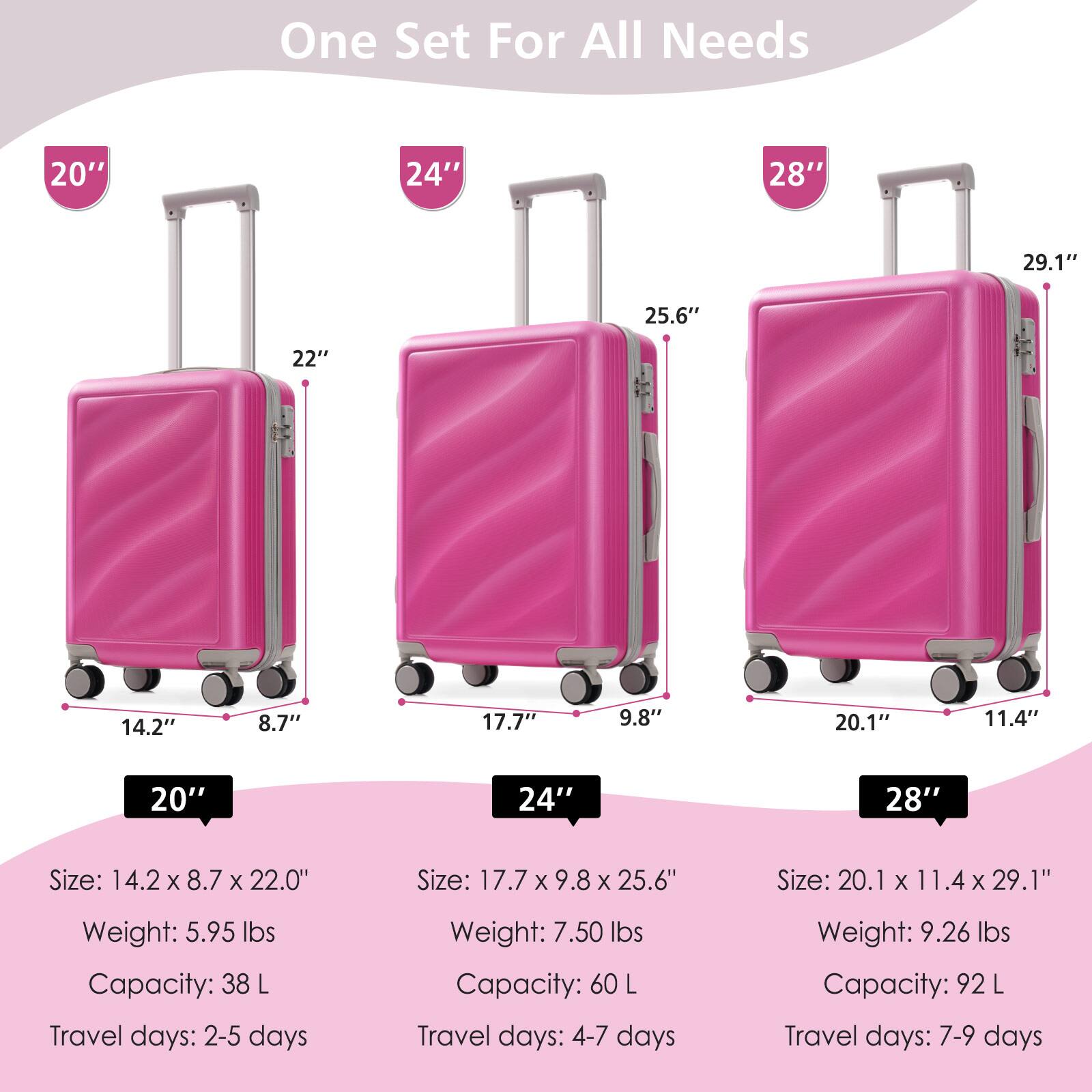 One Set For All Needs

20"  
Size: 14.2" x 8.7" x 22.0"  
Weight: 5.95 lbs  
Capacity: 38 L  
Travel days: 2-5 days  

24"  
Size: 17.7" x 9.8" x 25.6"  
Weight: 7.50 lbs  
Capacity: 60 L  
Travel days: 4-7 days  

28"  
Size: 20.1" x 11.4" x 29.1"  
Weight: 9.26 lbs  
Capacity: 92 L  
Travel days: 7-9 days