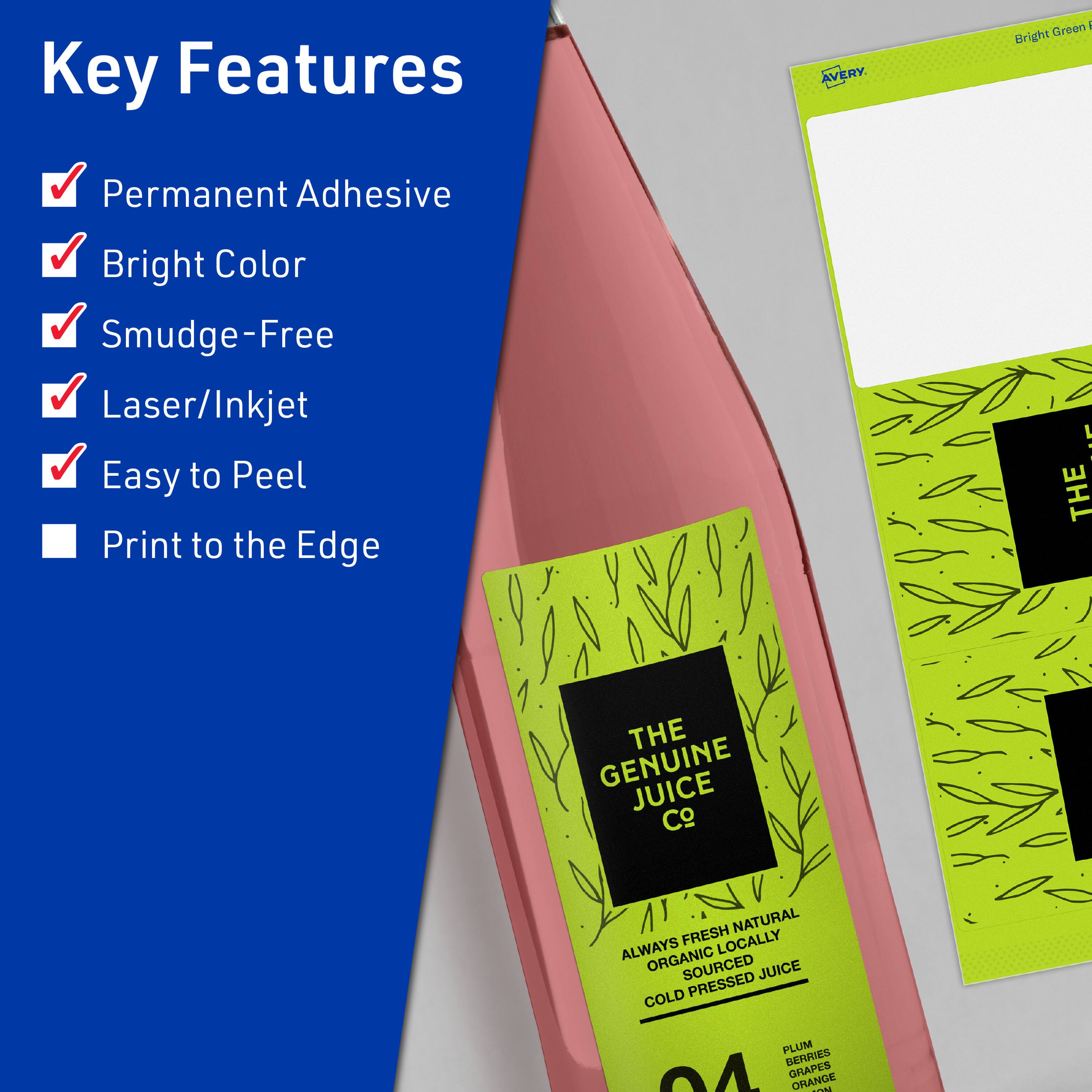 Key Features

- Permanent Adhesive
- Bright Color
- Smudge-Free
- Laser/Inkjet
- Easy to Peel
- Print to the Edge

THE GENUINE JUICE Co

- ALWAYS FRESH NATURAL
- ORGANIC LOCALLY SOURCED
- COLD PRESSED JUICE

PLUM BERRIES GRAPES ORANGE
