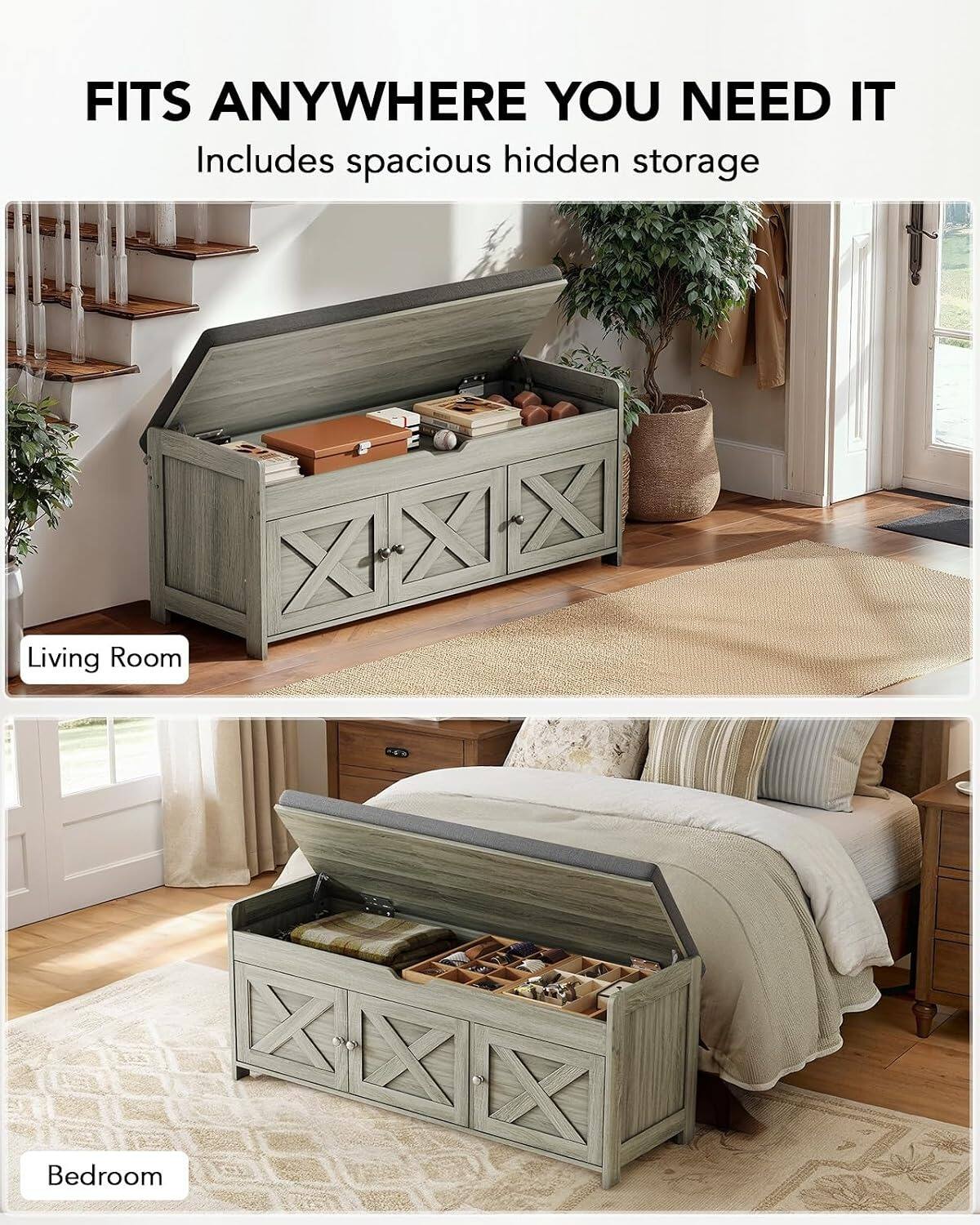 FITS ANYWHERE YOU NEED IT  
Includes spacious hidden storage  

Living Room  
Bedroom
