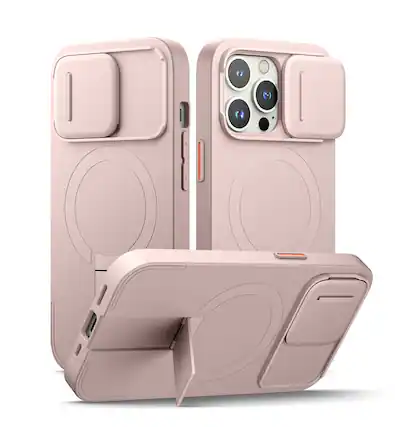 Front. SURITCH - Bumper Case for iPhone 13 Pro with Camera Cover, Kickstand, Compatible with MagSafe, Shockproof Slim Protective Cover - Sakura Pink.