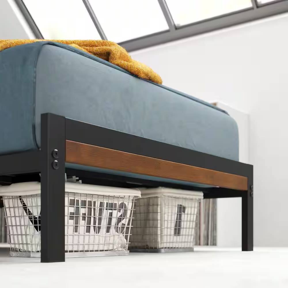 Back. Hivvago - Hivvago Twin Student Dorm Metal Platform Bed Frame with Brown Wood Slat Headboard - Black.