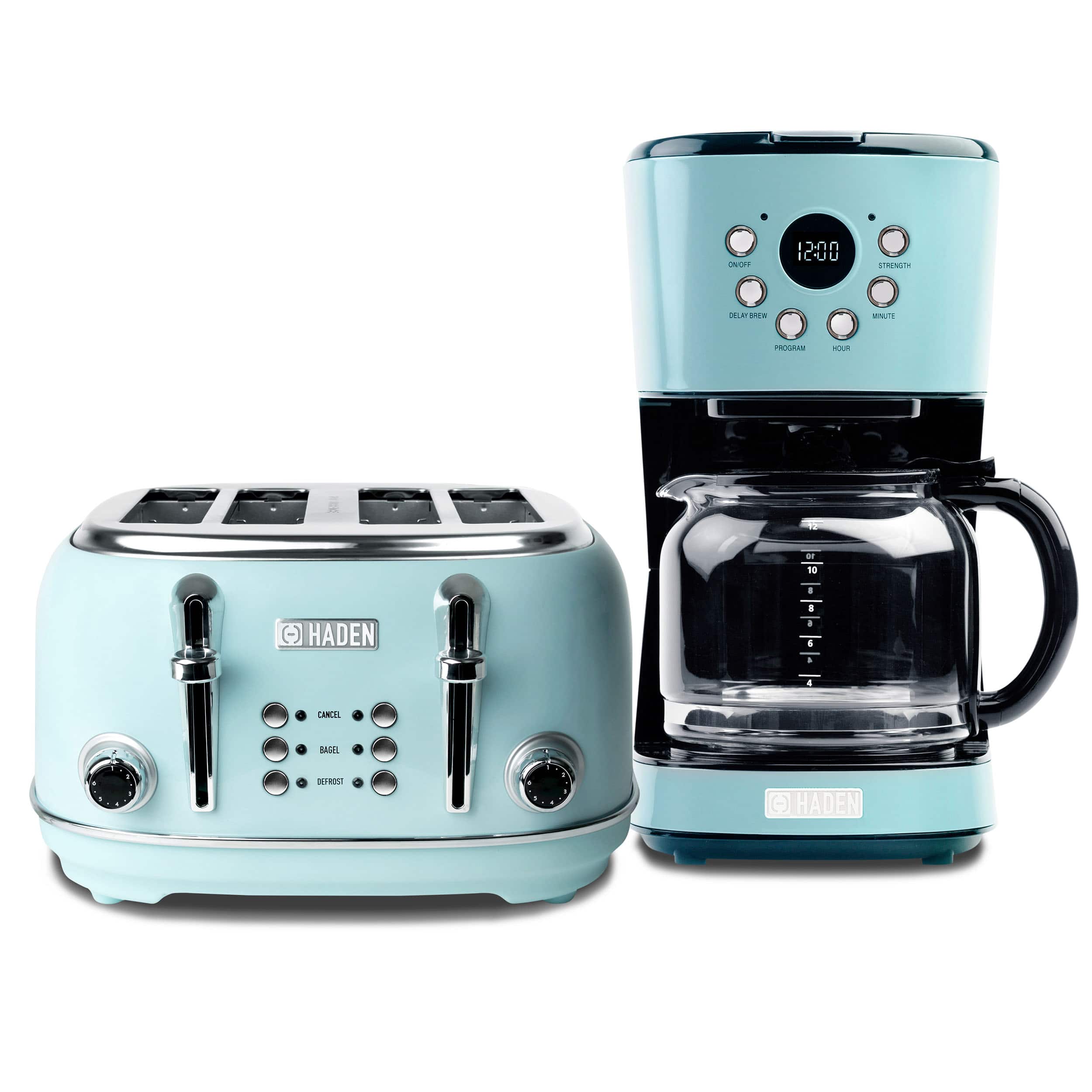 Haden - Coffee Maker & Heritage 4 Slice Wide Slot Toaster, Chrome - Turquoise