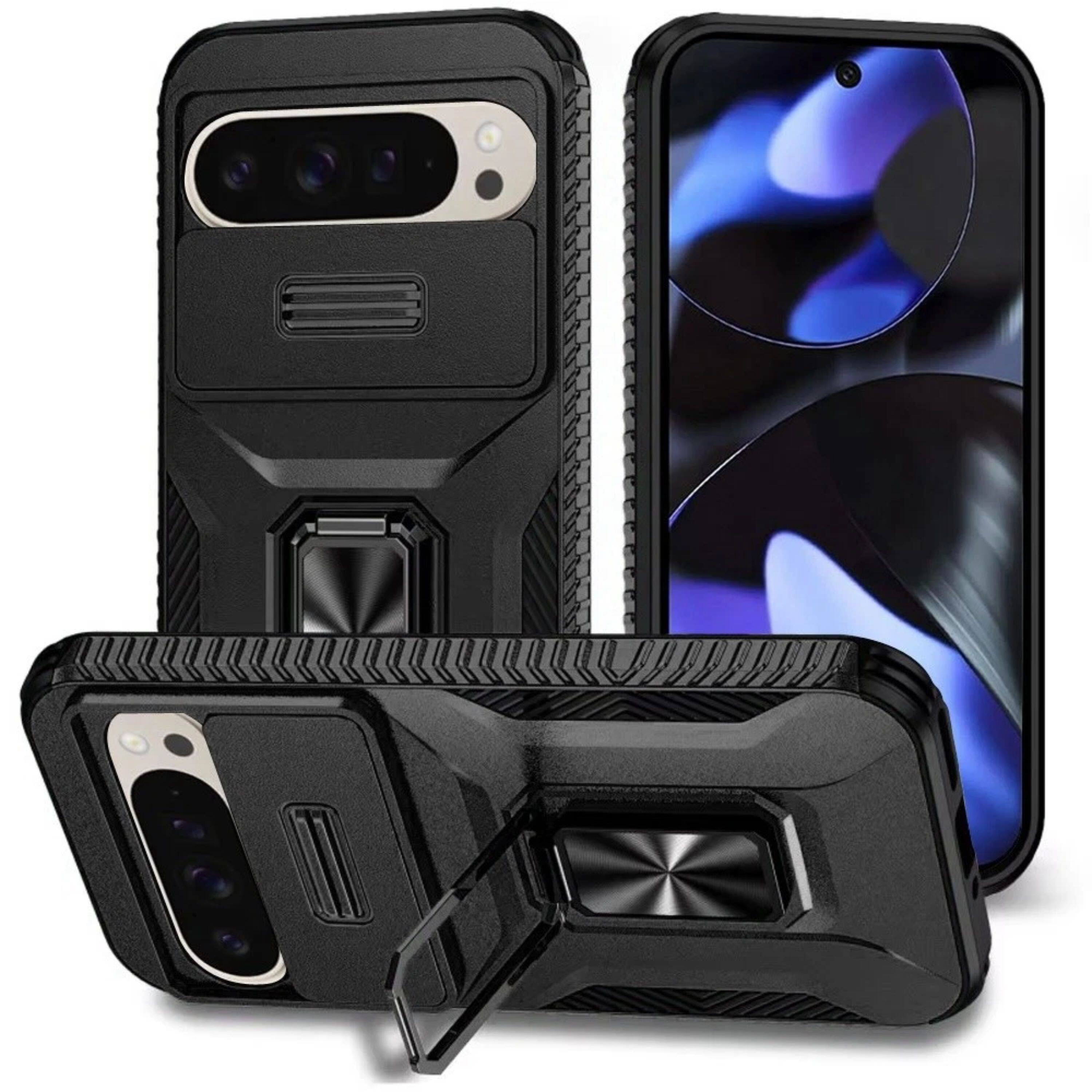 Front. Kitcheniva - Rugged Metal Stand Lens Cover Case With Tempered Glass For Google Pixel 10/10 Pro Black - Black.