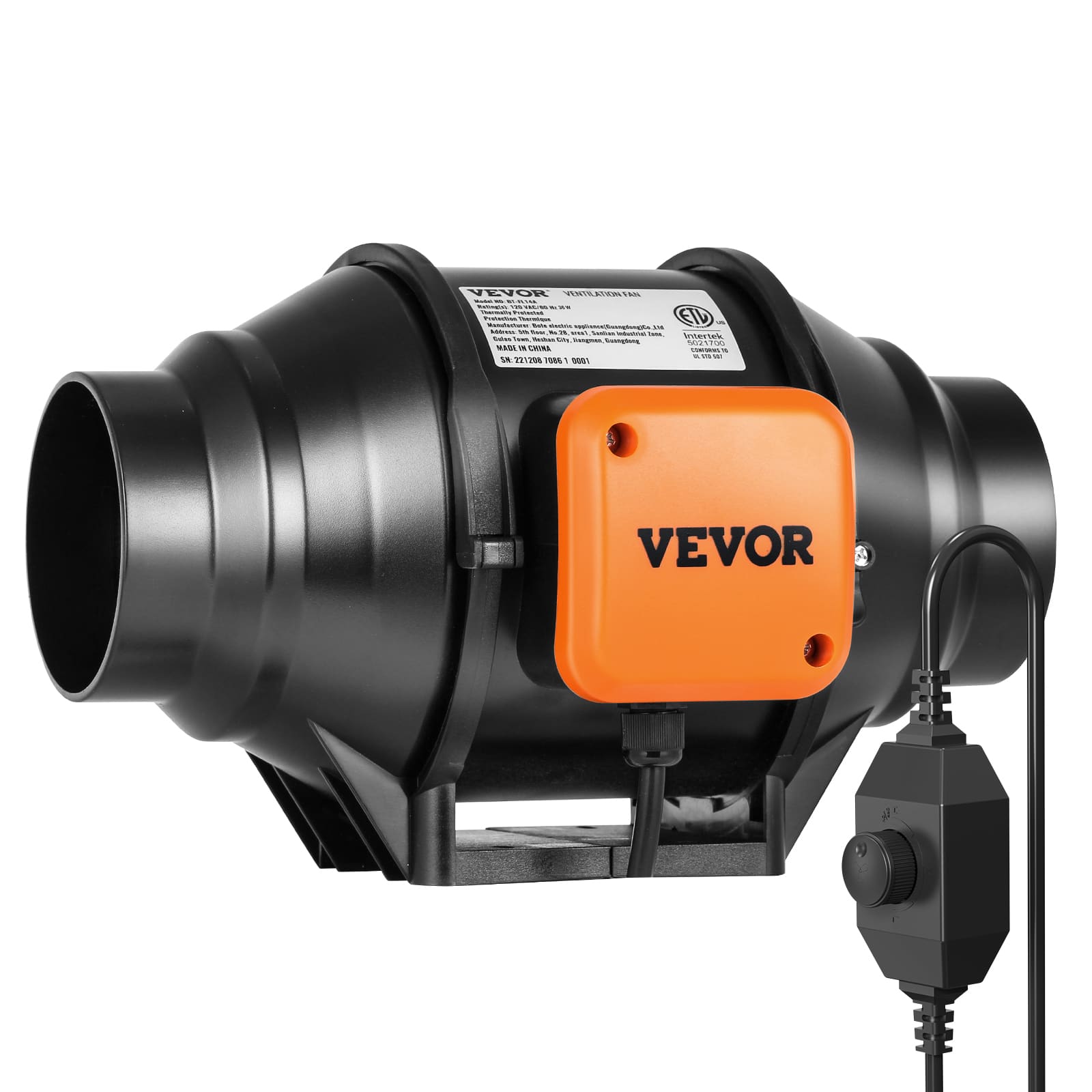 VEVOR - Inline Duct Fan,4-Inch 200 CFM with Variable Speed Controller,Quiet AC-motor Ventilation Exhaust Fan for Cooling Booster - Black