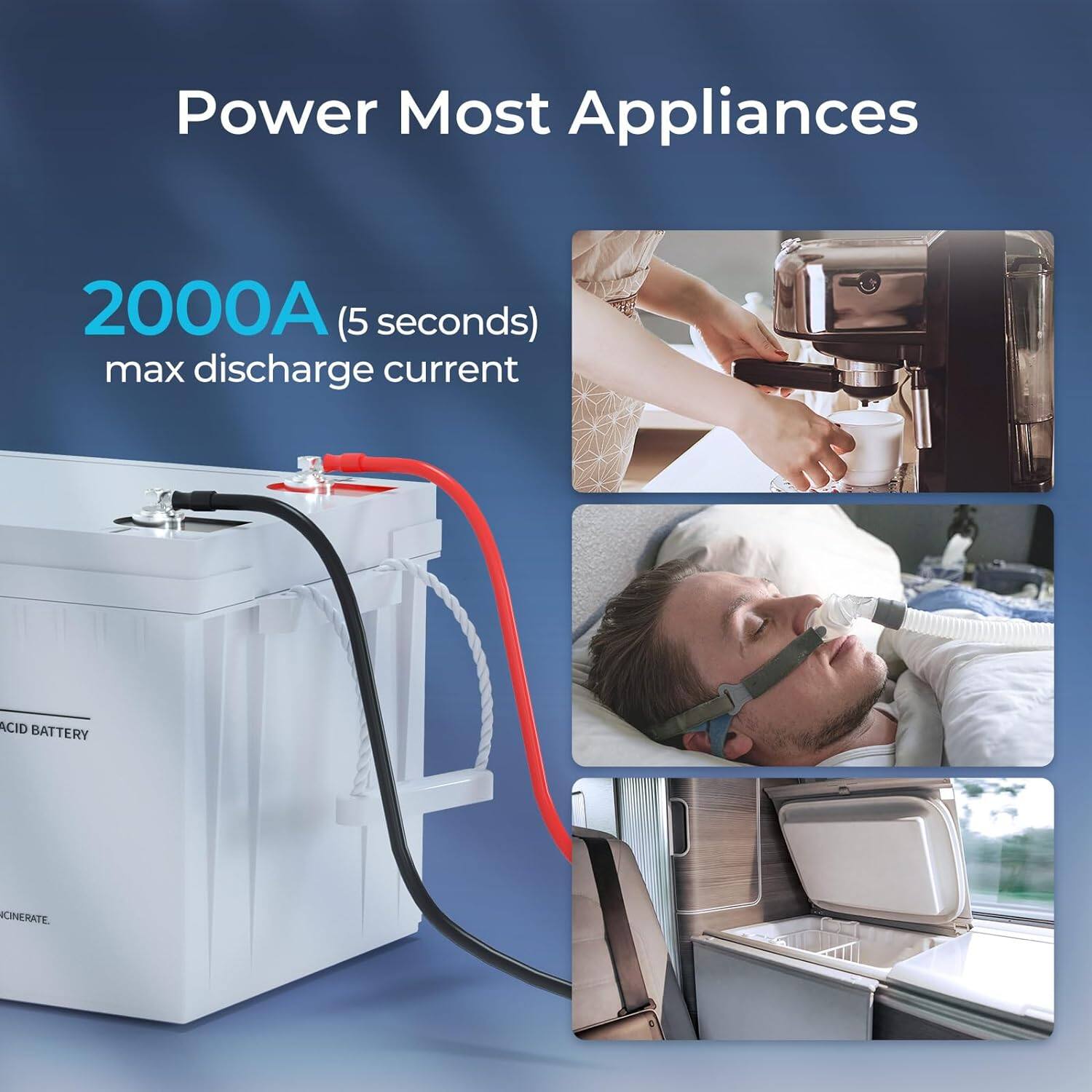 Power Most Appliances 2000A (5 seconds) max discharge current ACID BATTERY CORRODE.