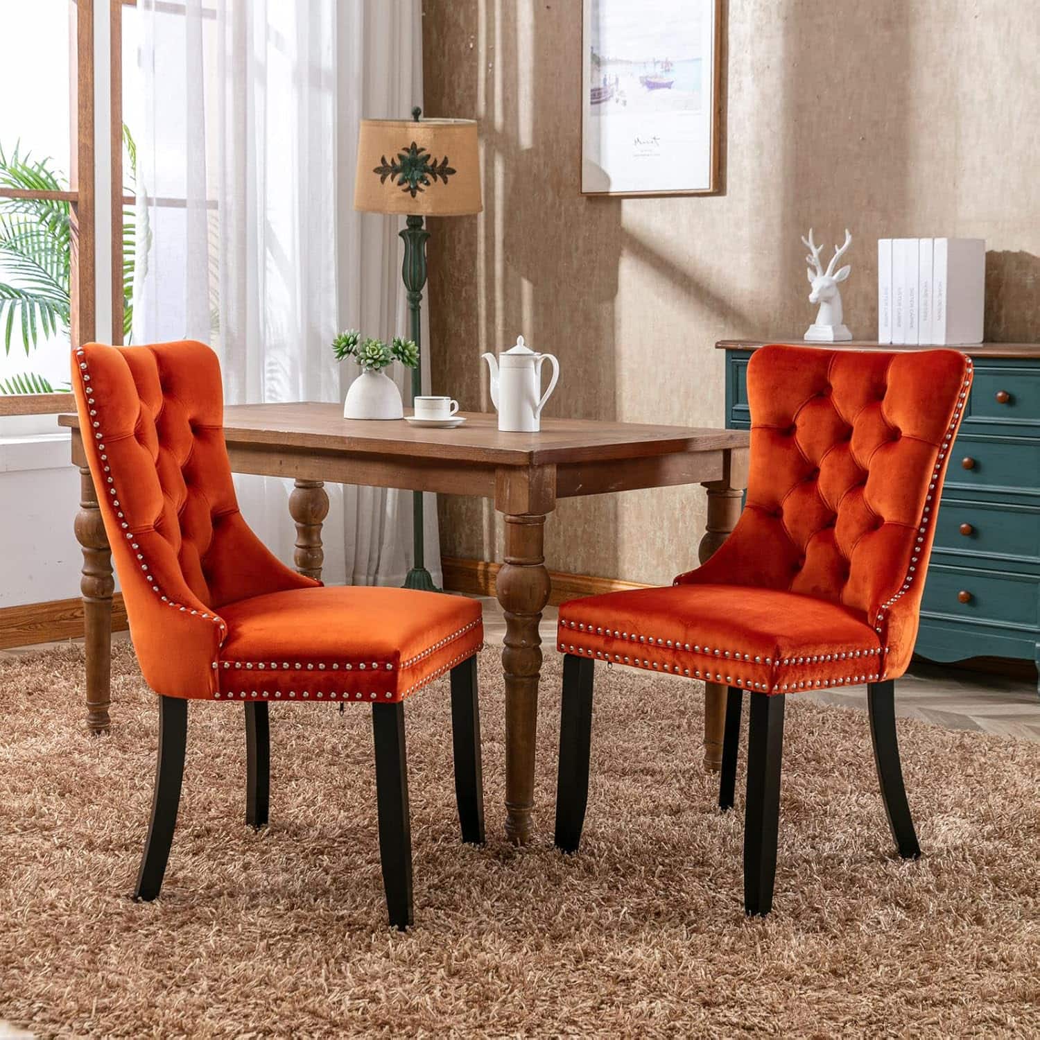 Trinkets Crazed - Velvet Dining Chairs Set of 2, Upholstered High-end Tufted Dining Room Chair with Wood Legs Nailhead Trim for Kitchen - Orange
