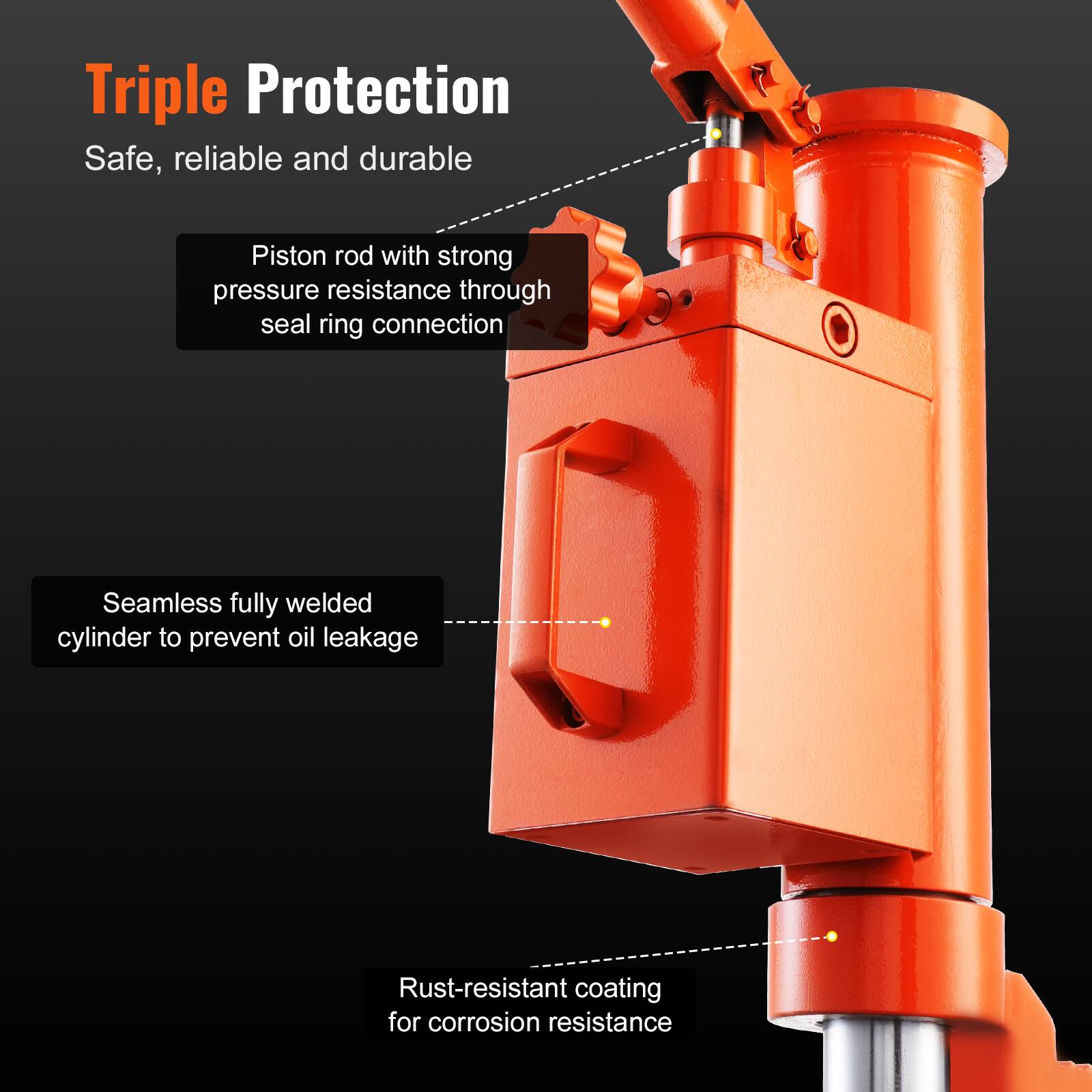 Triple Protection

Safe, reliable and durable

- Piston rod with strong pressure resistance through seal ring connection
- Seamless fully welded cylinder to prevent oil leakage
- Rust-resistant coating for corrosion resistance