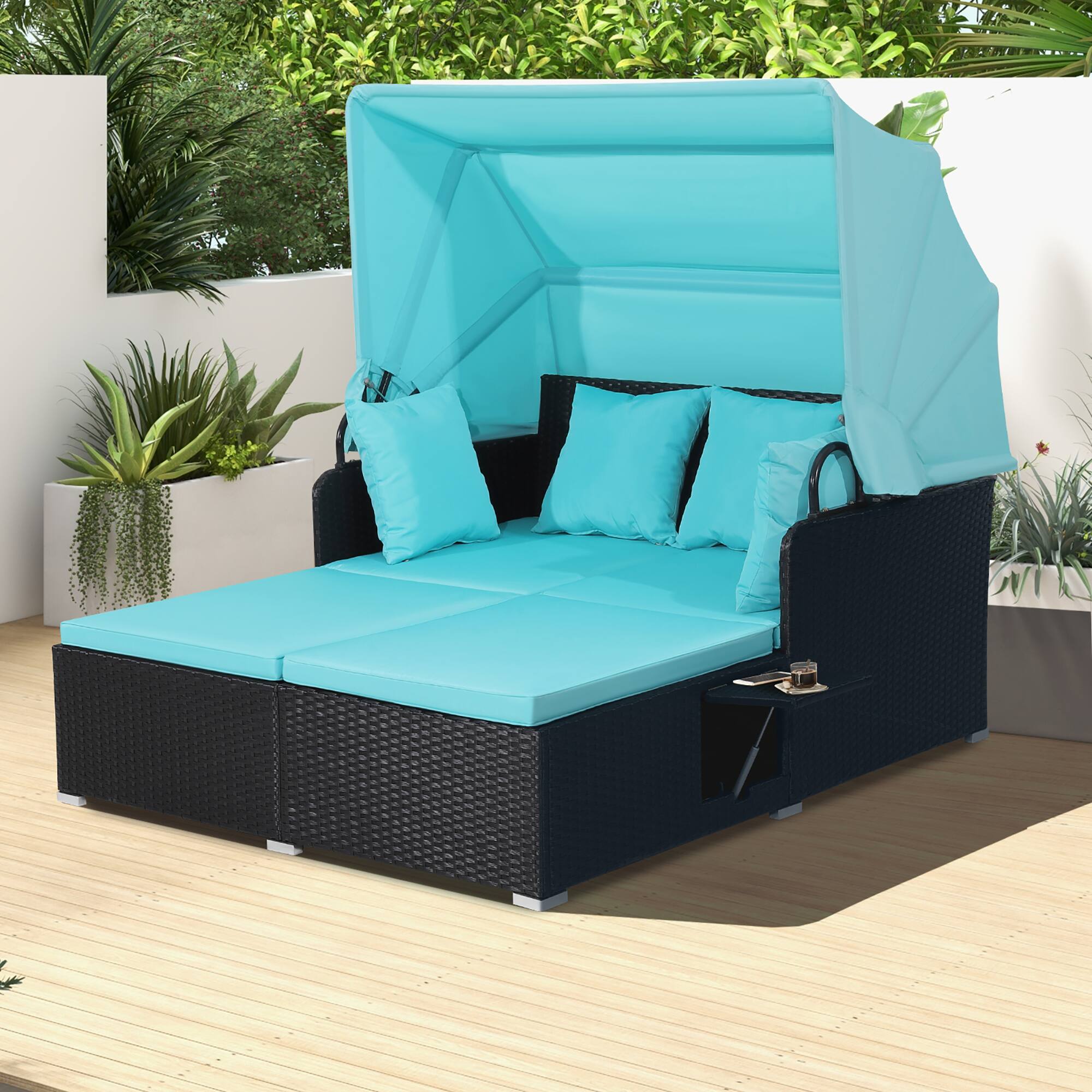 Alt View 3. Costway - Patio Rattan Daybed Lounge Retractable Top Canopy Side Tables Cushions - Turquoise.