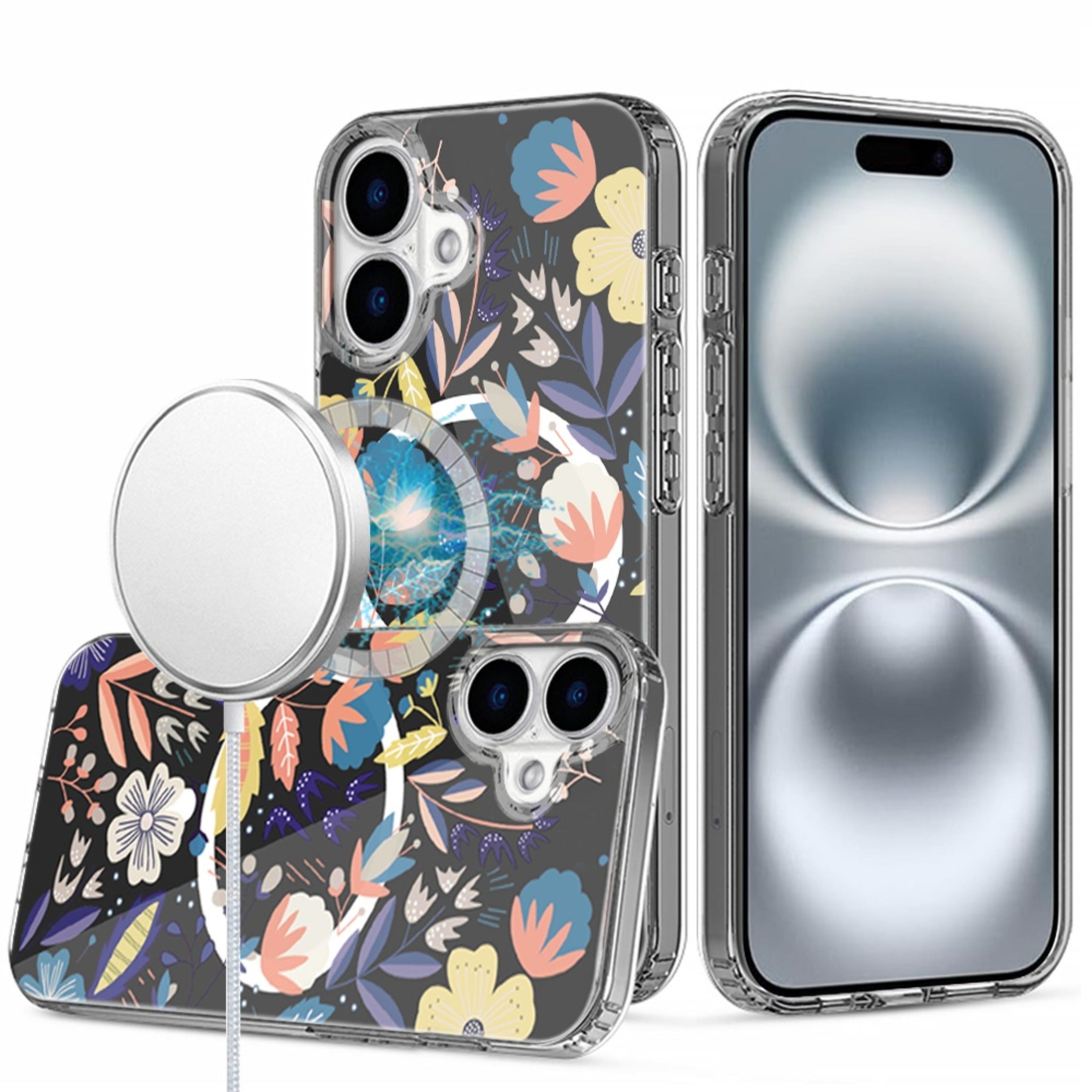 Kitcheniva - Floral Print Magnetic Circle Clear Case With Tempered Glass For iPhone 16 D - Multicolor