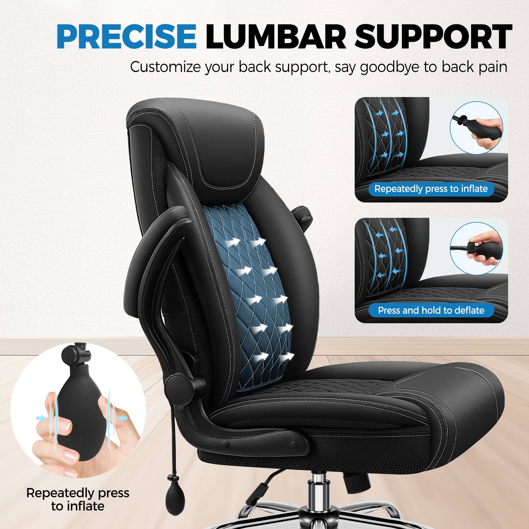 PRECISE LUMBAR SUPPORT  
Customize your back support, say goodbye to back pain  

Repeatedly press to inflate  
Press and hold to deflate
