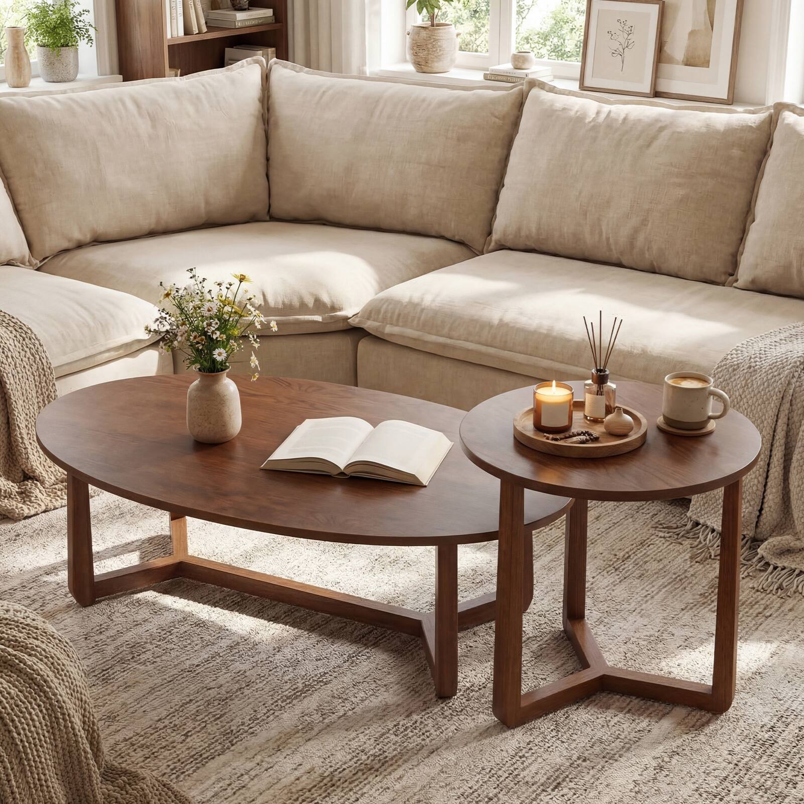 Alt View 3. Costway - Costway Nesting Coffee Table Set of 2 Oval Accent Table & Round Sofa Side Table - Walnut.