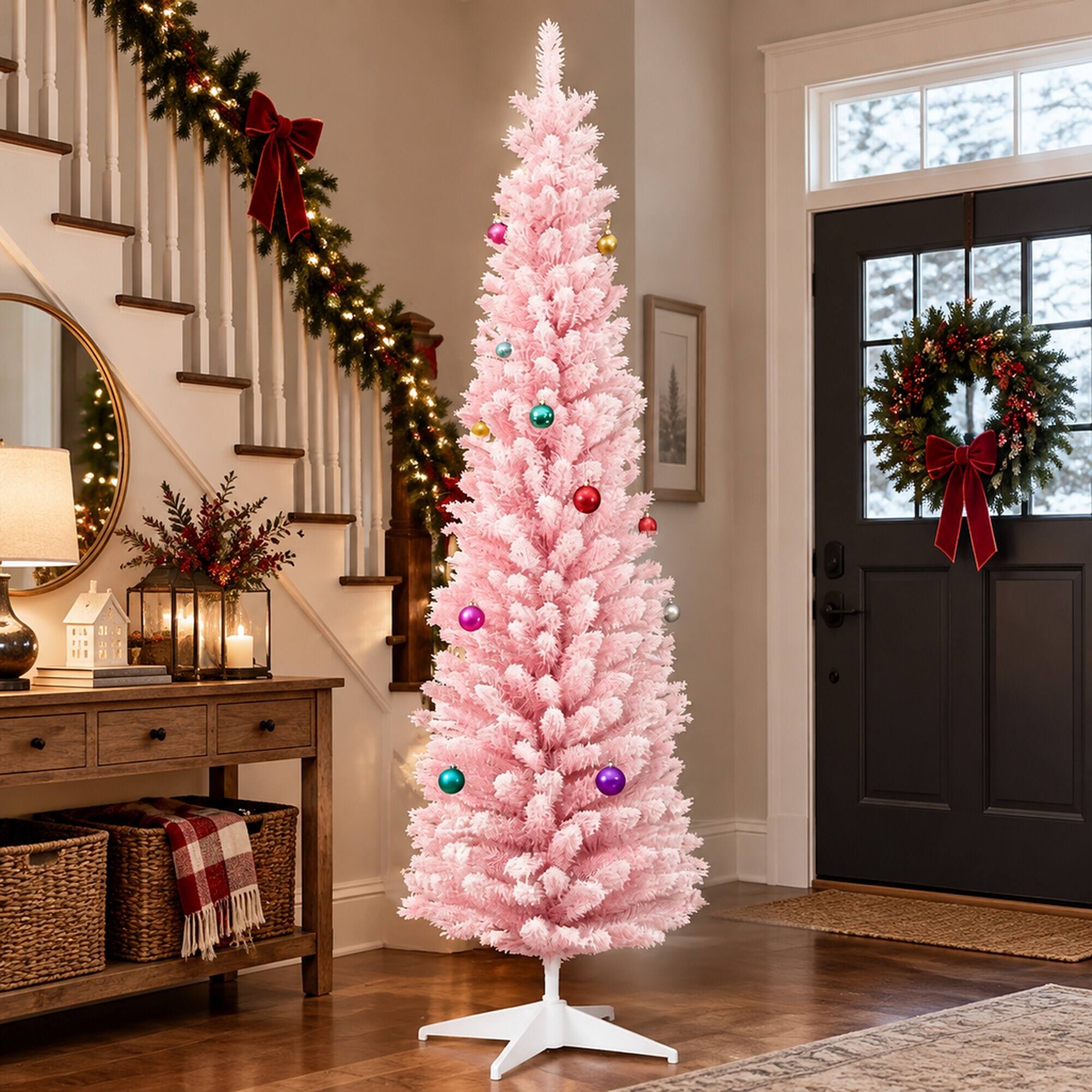 Alt View 1. RYHNUYNE - Snow Flocked Artificial Pencil Christmas Tree With Realistic Branches, Slim Hinged Narrow Holiday Home Decor - Pink.