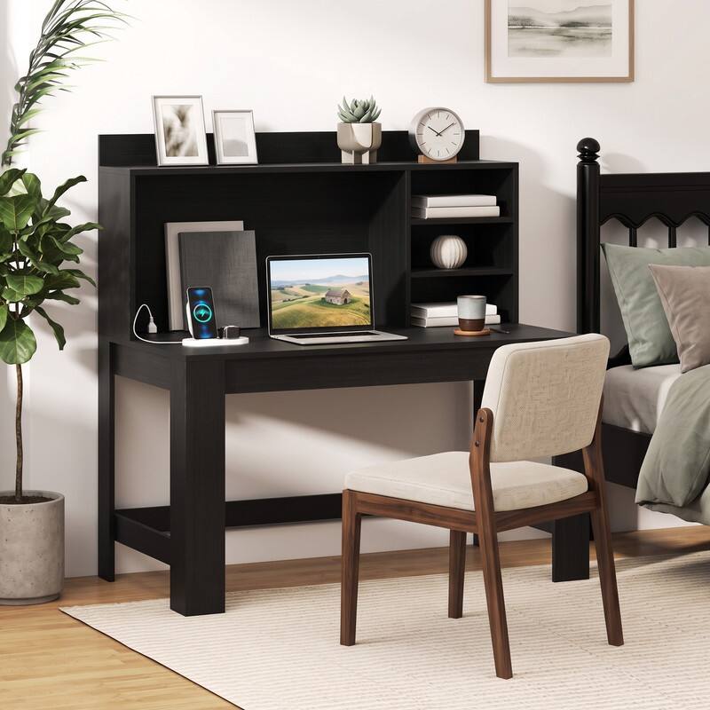 Angle. WELLFOR - 42.5" Computer Desk with Hutch & Power Outlets, Study Desk Writing Desk for Home Office - Black.