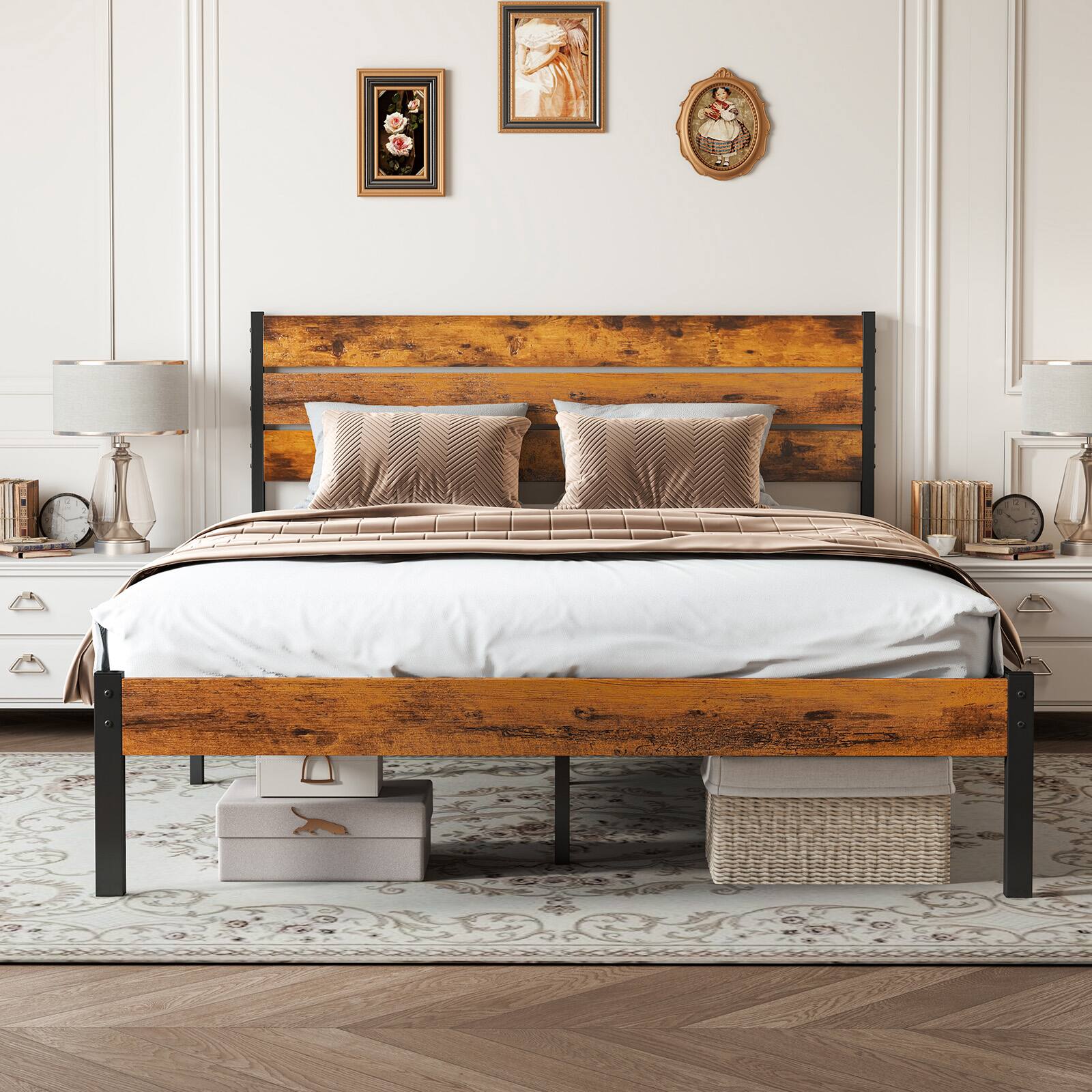 Left. Bestier - Metal Platform Bed Frame with Headboard, Sturdy Wooden Slats Support, No Box Spring Needed - Brown & Black.