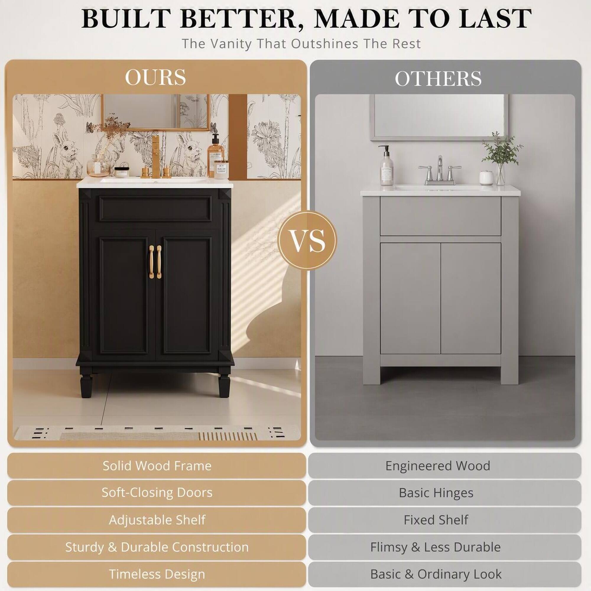 RYHNUYNE 24 Inch Bathroom Vanity with Ceramic Sink, 2 Soft Close Doors ...