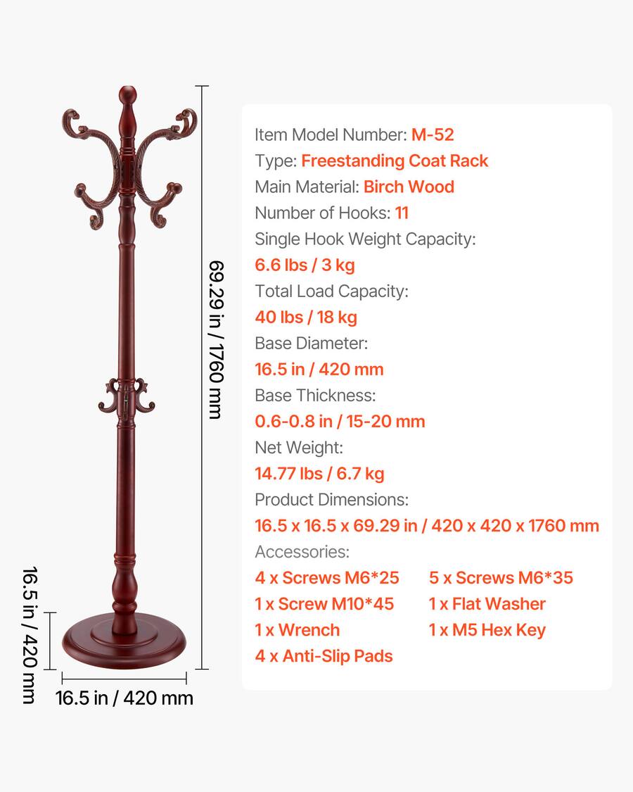 Robe Rack Dim VEVOR Coat Rack Freestanding, Wooden Coats Rack Stand with Weighted ...