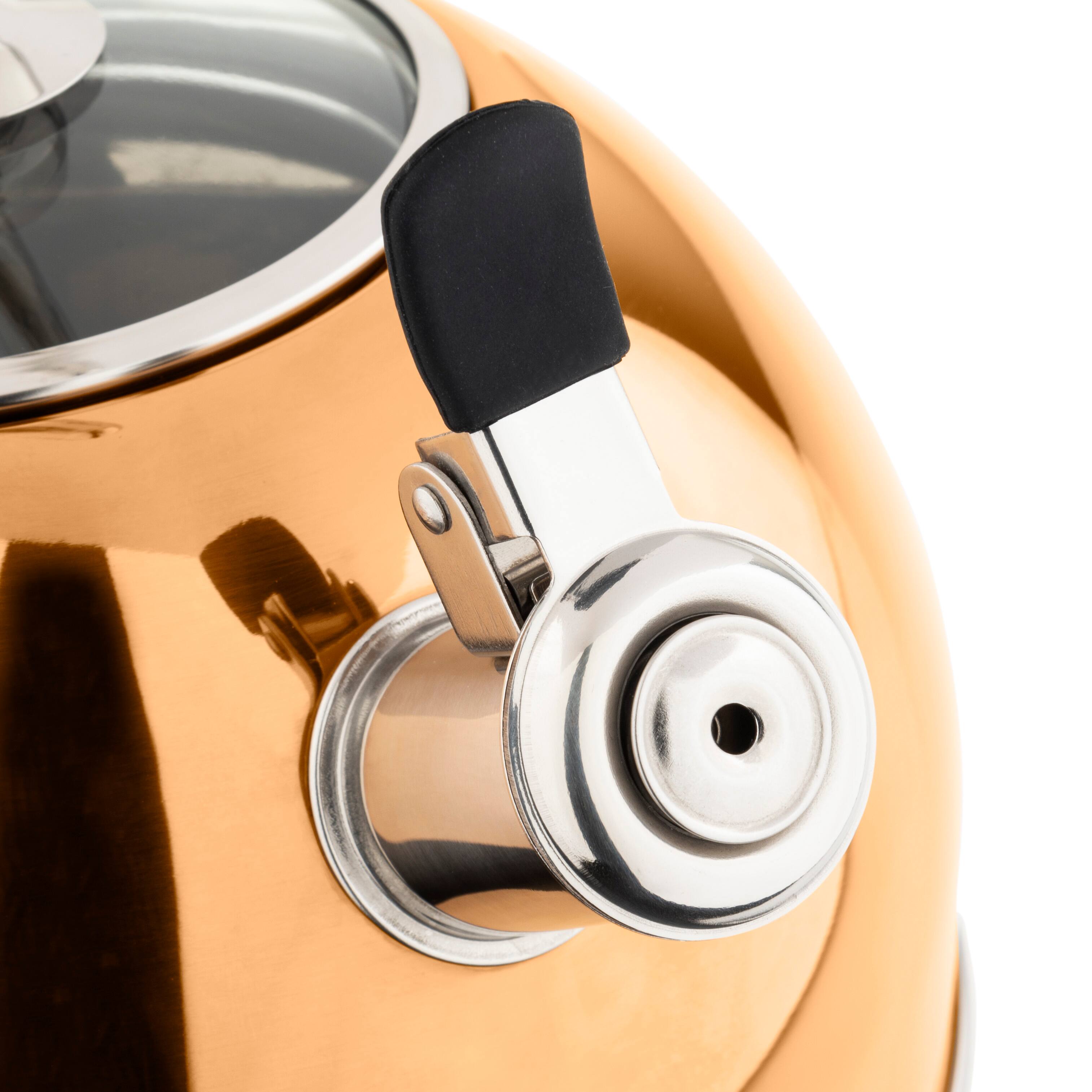 Left. Viking - Viking 2.6 Quart Whistling Tea Kettle with 3-Ply Base - Rose Gold.
