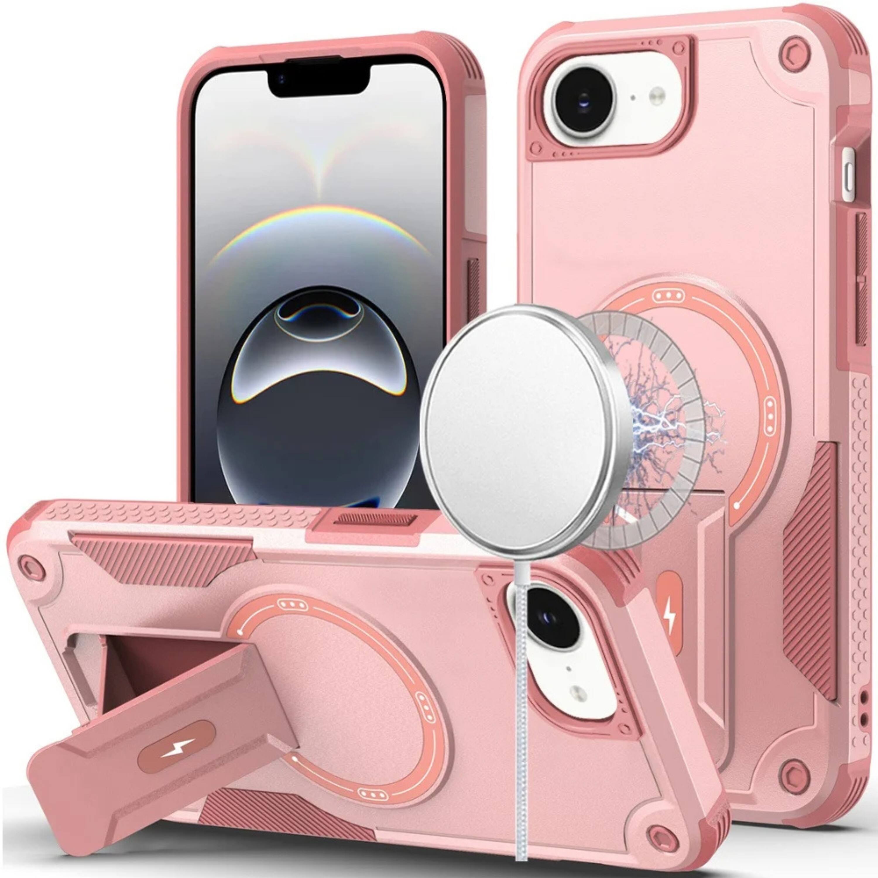 Front. Kitcheniva - Magnetic Circle Rugged Grip Kickstand Phone Case With Tempered Glass For iPhone 16e 17e Pink - Pink.