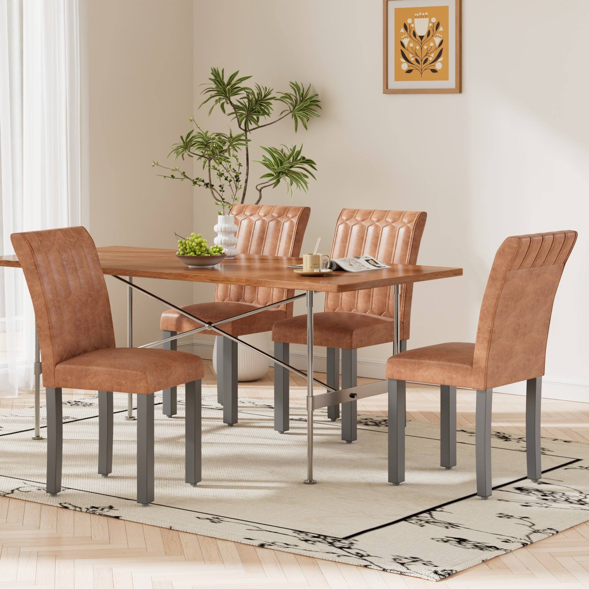 Left. Vecelo - Set of 6 PU Leather Dining Chairs  - Ergonomic High Back Chairs With Solid Wood Legs - Brown.