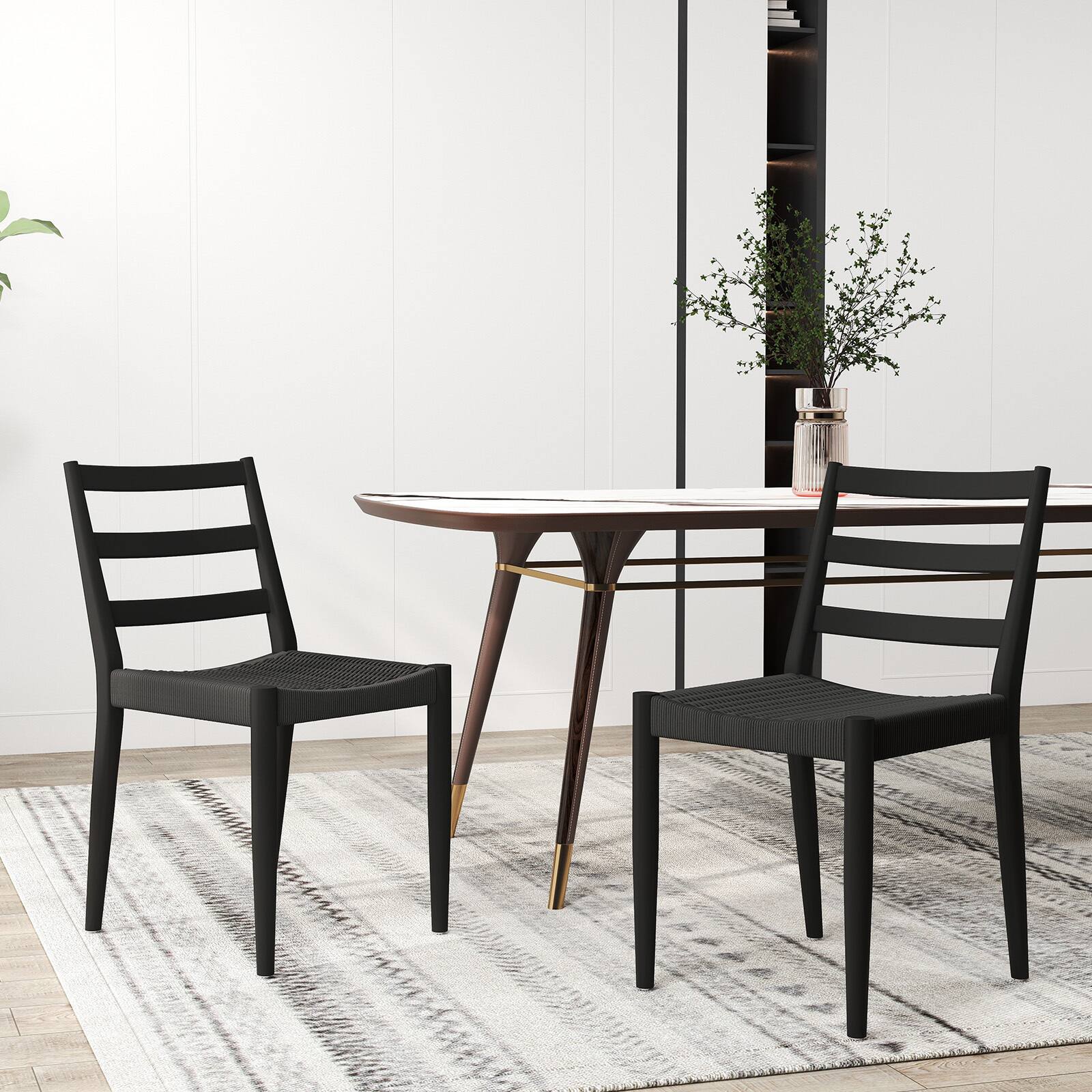 Front. Bestier - Dining Chairs with Curved Wooden Backrest, Woven Rope Seat and Solid Wood Tapered Legs - black.