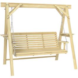 Outsunny - Seat Wooden Porch Swing with Stand, Patio Swing with Side Tables, for Garden, Poolside, Backyard - Natural Wood