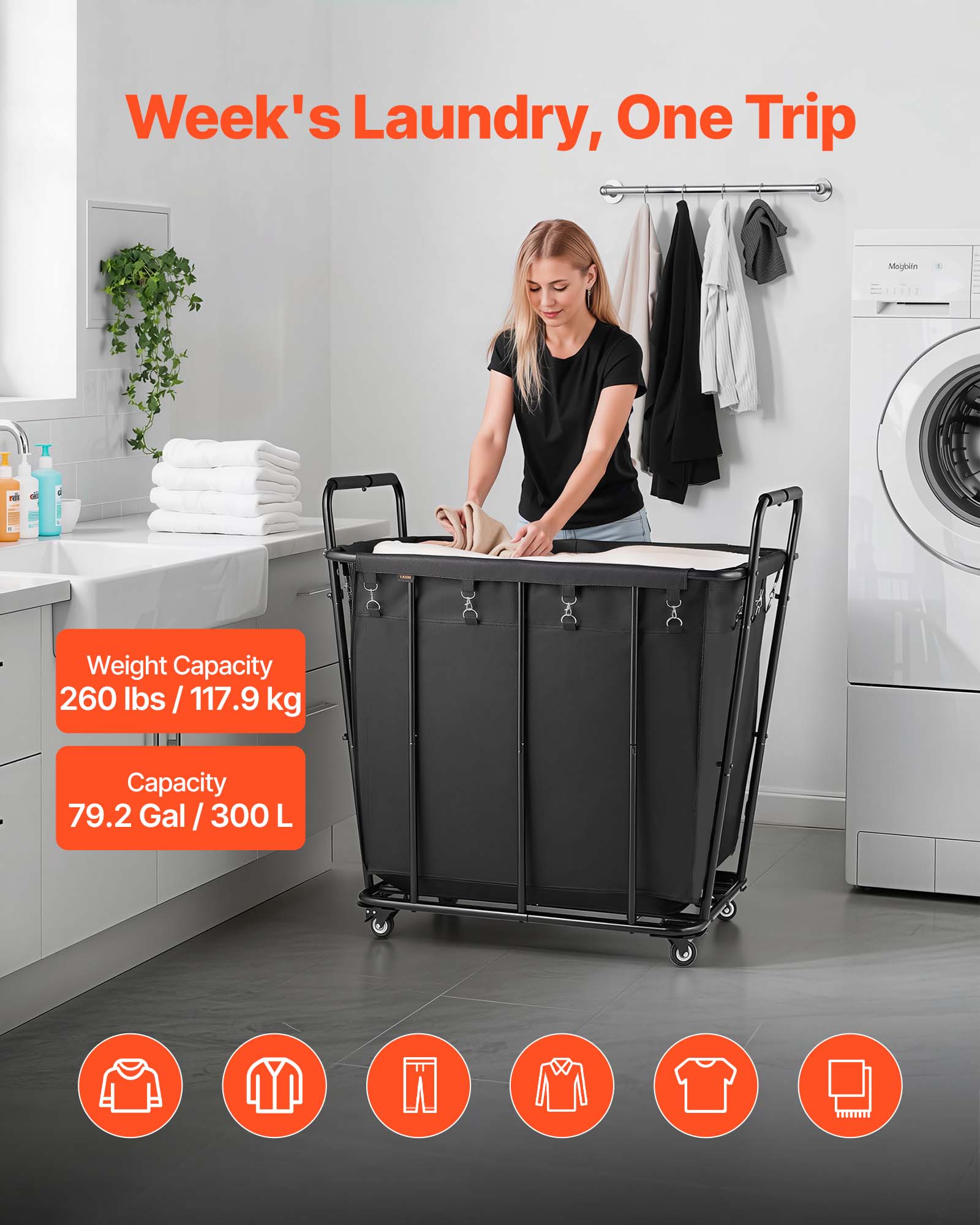 Week's Laundry, One Trip

Weight Capacity: 260 lbs / 117.9 kg

Capacity: 79.2 Gal / 300 L