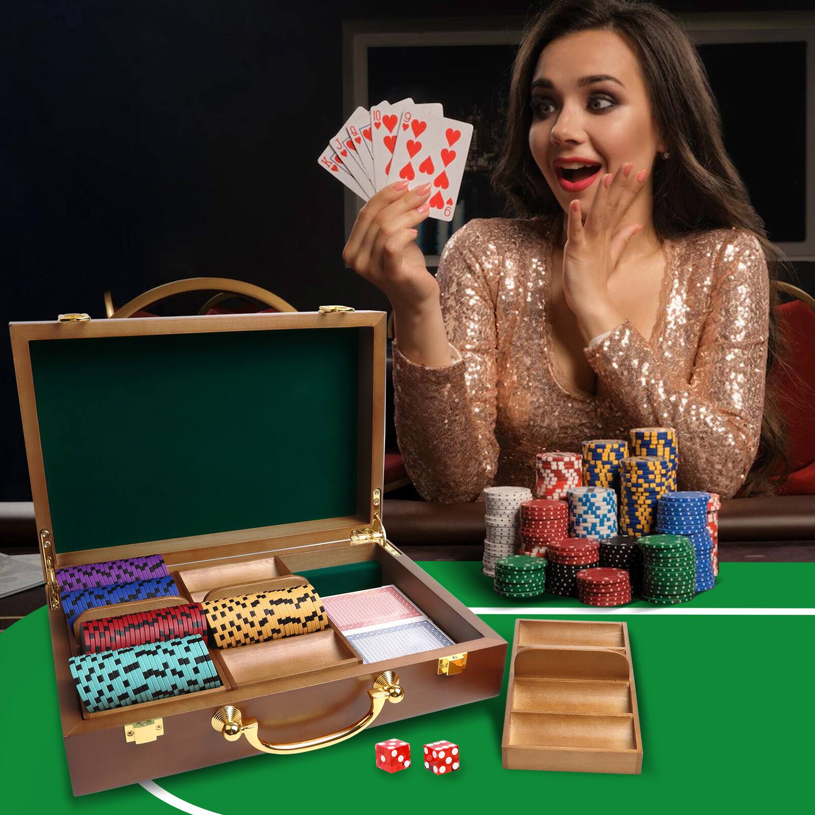 Alt View 1. GSE Games & Sports Expert - Casino Wooden Poker Chip Case with Wooden Chip Trays for Casino Nights (300 Pieces - Walnut).