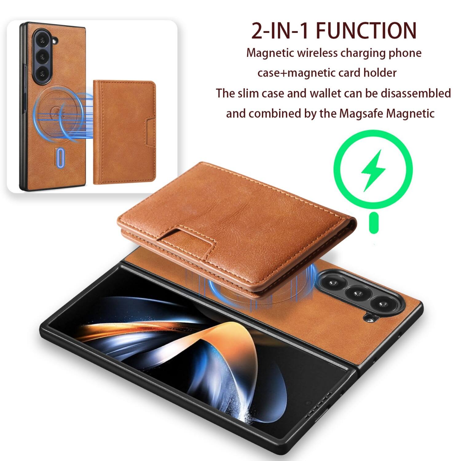 2-IN-1 FUNCTION  
Magnetic wireless charging phone case + magnetic card holder  
The slim case and wallet can be disassembled and combined by the Magsafe Magnetic