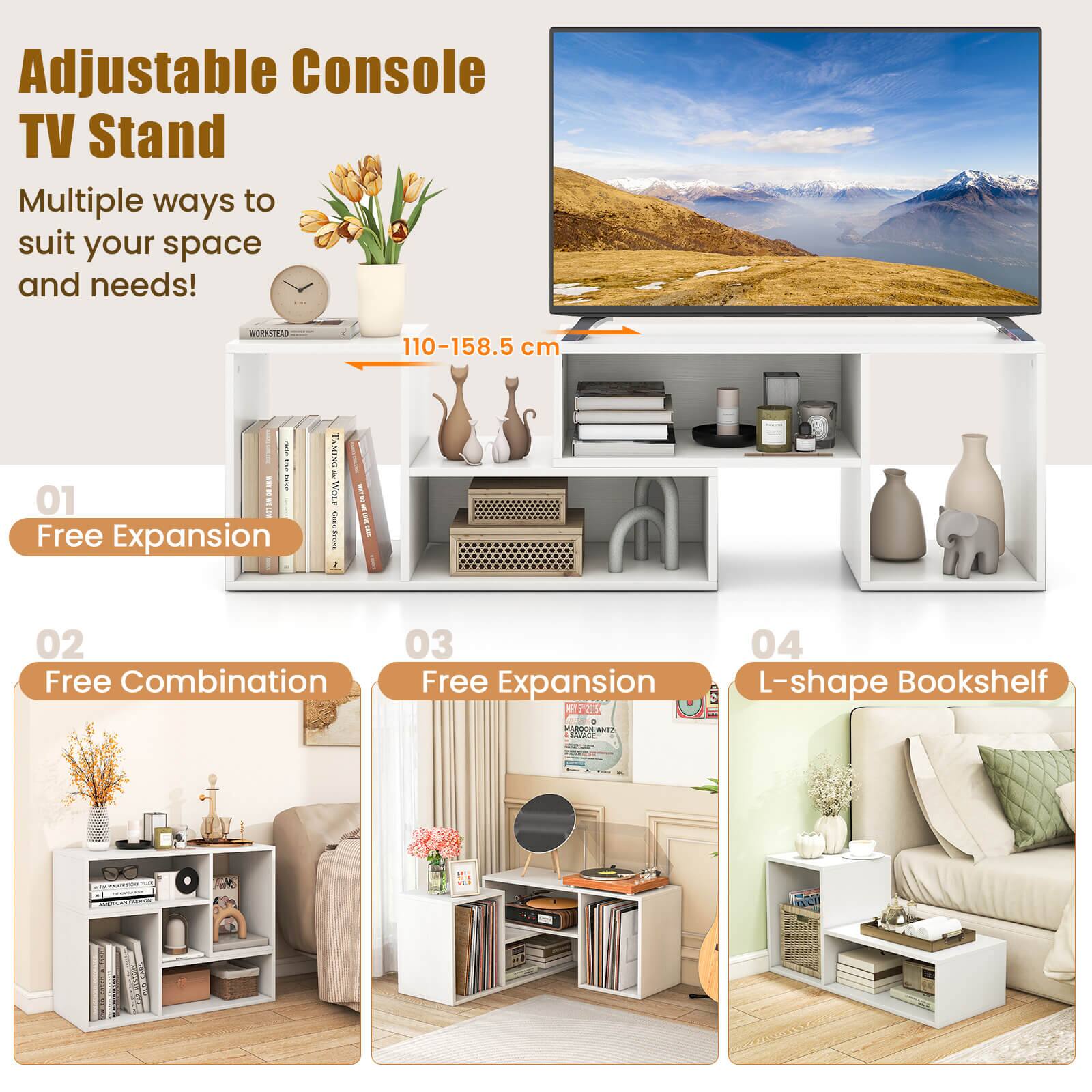Adjustable Console TV Stand: Multiple ways to suit your space and needs! WDERSTIAD 110-158.5 cm. 01. Free Expansion. 02. Free Combination. 03. Free Expansion. 04. L-shape Bookshelf.