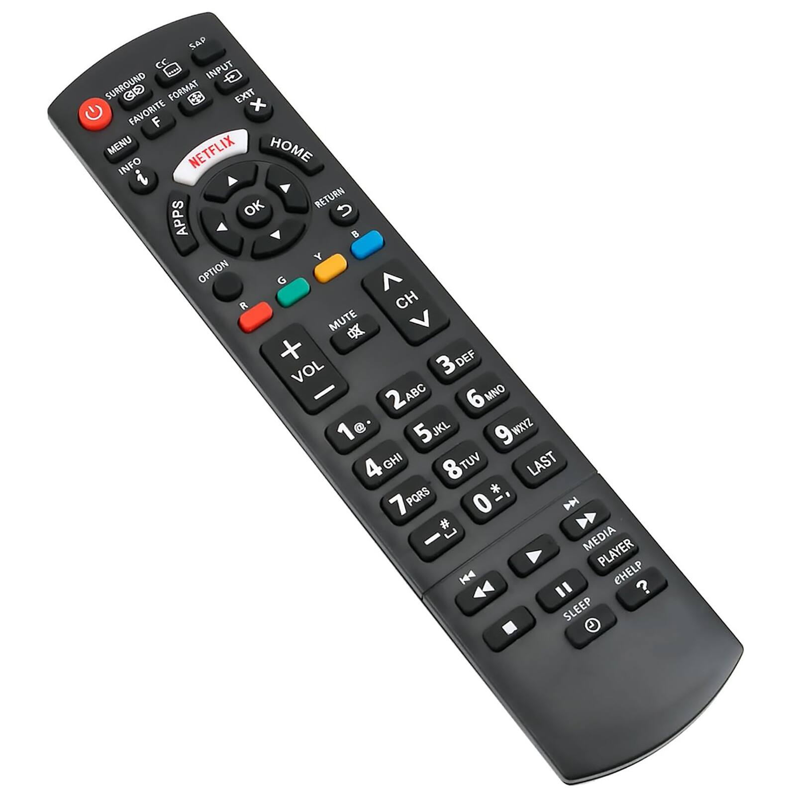 Sure, here is the corrected and grouped text from the image:

- **Top Row:**
  - SAP
  - CC
  - SURROUND
  - FORMAT
  - INPUT
  - EXIT

- **Second Row:**
  - FAVORITE
  - MENU
  - INFO
  - NETFLIX
  - HOME
  - RETURN

- **Third Row:**
  - OK
  - CH
  - VOL
  - MUTE

- **Fourth Row:**
  - 1
  - 2 ABC
  - 3 DEF
  - 4 GHI
  - 5 JKL
  - 6 MNO
  - 7 PQRS
  - 8 TUV
  - 9 WXYZ
  - 0
  - LAST

- **Fifth Row:**
  - MEDIA PLAYER
  - HELP
  - SLEEP

- **Buttons:**
  - OPTION
  - R
  - G
  - B
  - Y
  - MUTE
  - VOL
  - CH
  - RETURN
  - OK
  - HOME
  - NETFLIX
  - INFO
