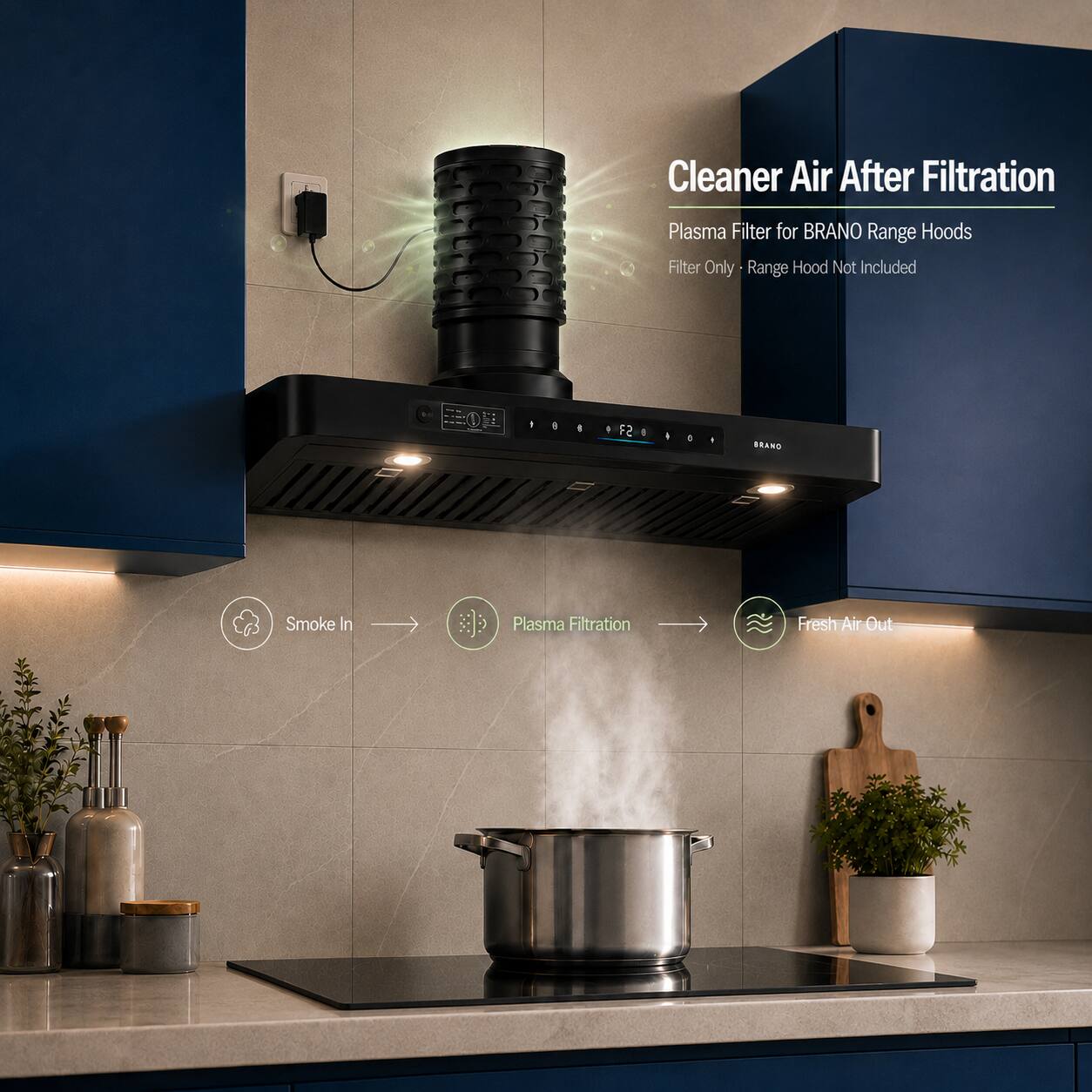 Cleaner Air After Filtration  
Plasma Filter for BRANO Range Hoods  
Filter Only - Range Hood Not Included  

Smoke In  
Plasma Filtration  
Fresh Air Out