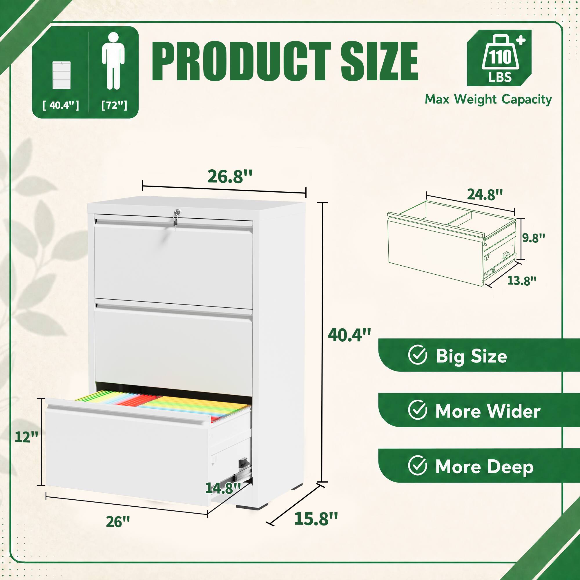 PRODUCT SIZE  
110 LBS Max Weight Capacity  

40.4"  
26.8"  
24.8"  
9.8"  
13.8"  
40.4"  
12"  
14.8"  
26"  
15.8"  

Big Size  
More Wider  
More Deep