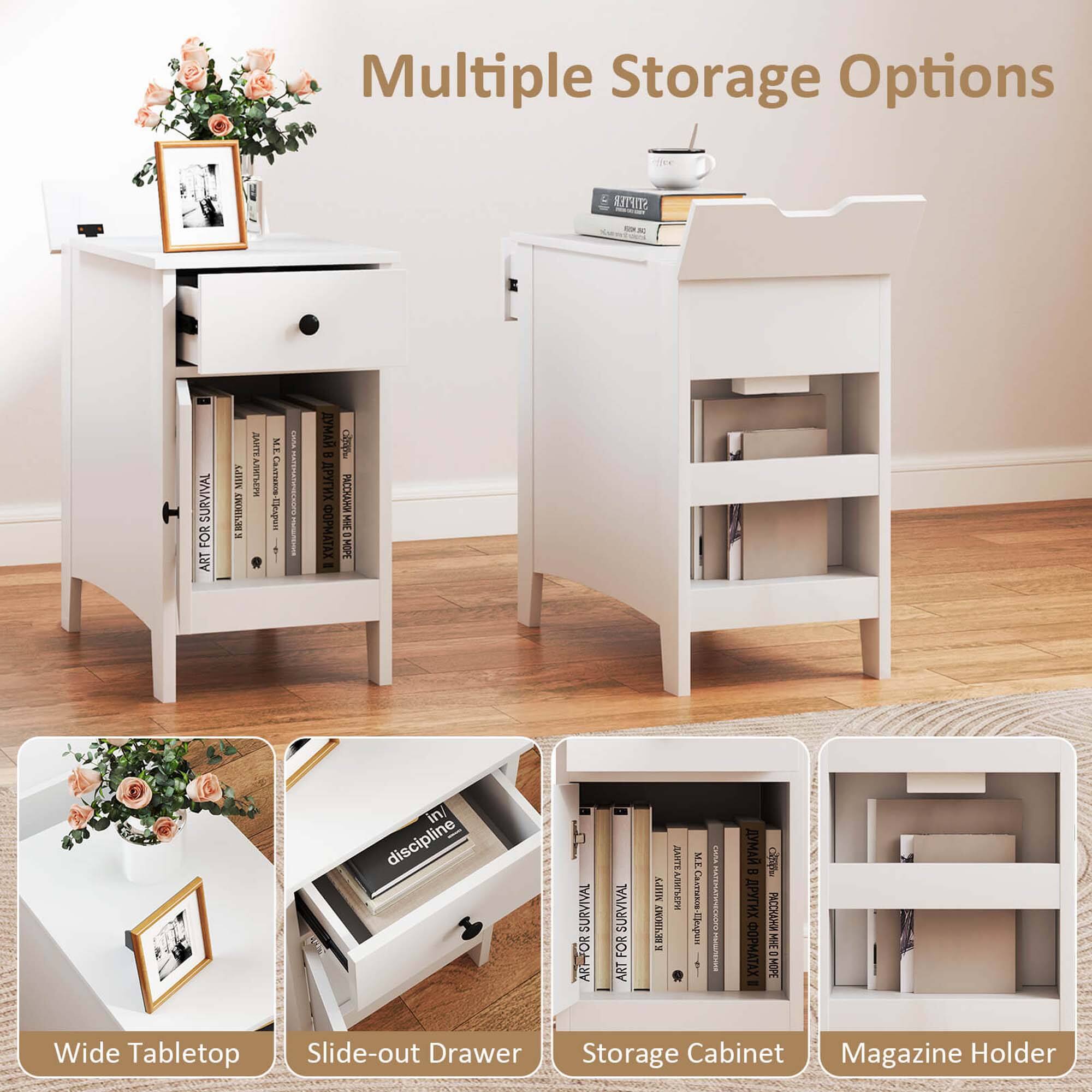 Multiple Storage Options:

1. Wide Tabletop Slide-out Drawer
2. Storage Cabinet
3. Magazine Holder

The image showcases a white desk with a drawer and a magazine holder, as well as a storage cabinet. The desk is designed to provide multiple storage options for various items, such as books, magazines, and other belongings. The slide-out drawer offers easy access to stored items, while the storage cabinet provides additional space for organizing and storing larger items. The magazine holder is a convenient way to keep magazines or other reading materials within reach. Overall, this desk offers a practical and stylish solution for organizing and storing various items in a home or office setting.