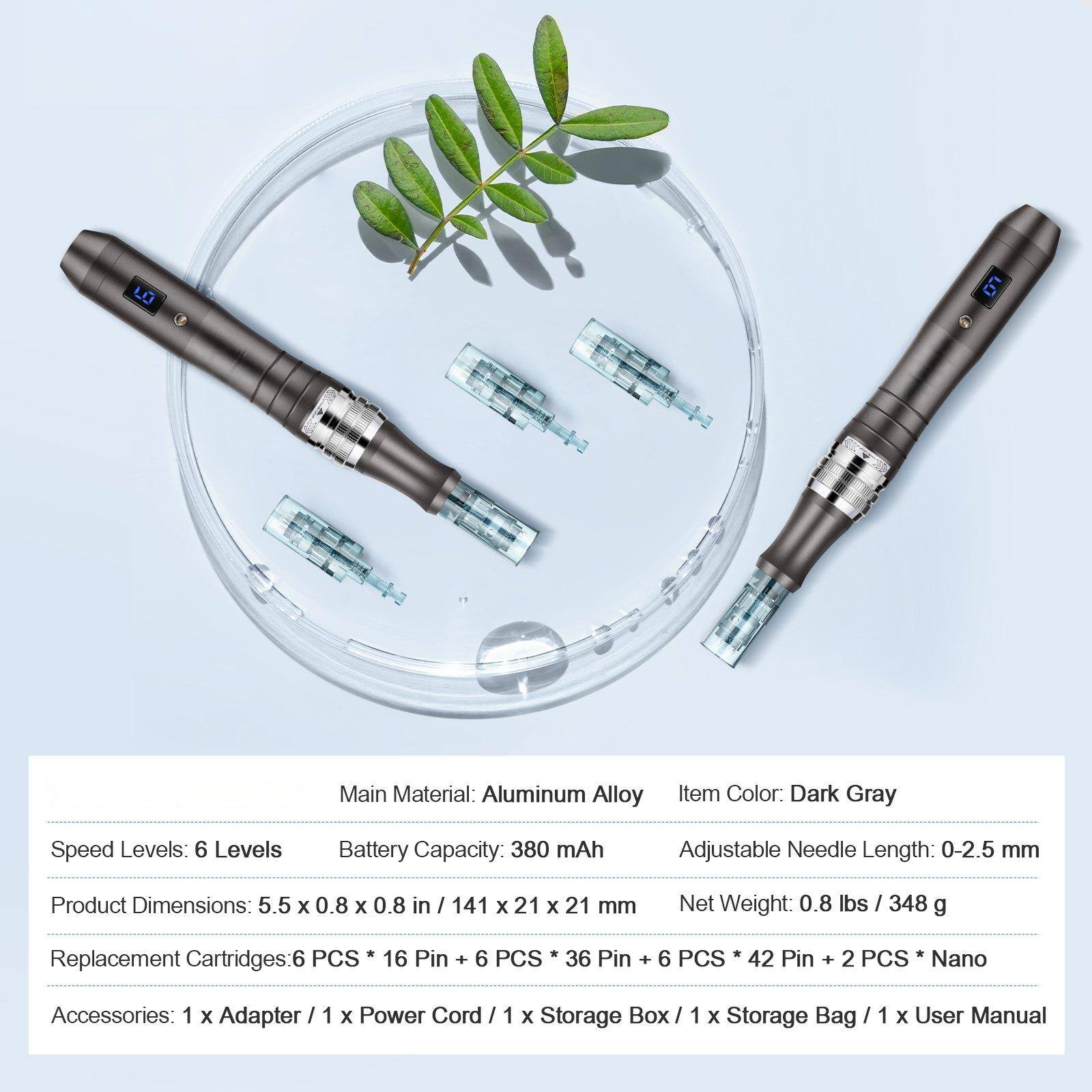 - Main Material: Aluminum Alloy
- Item Color: Dark Gray
- Speed Levels: 6 Levels
- Battery Capacity: 380 mAh
- Adjustable Needle Length: 0-2.5 mm
- Product Dimensions: 5.5 x 0.8 x 0.8 in / 141 x 21 x 21 mm
- Net Weight: 0.8 lbs / 348 g
- Replacement Cartridges: 6 PCS * 16 Pin + 6 PCS * 36 Pin + 6 PCS * 42 Pin + 2 PCS * Nano
- Accessories: 1 x Adapter / 1 x Power Cord / 1 x Storage Box / 1 x Storage Bag / 1 x User Manual