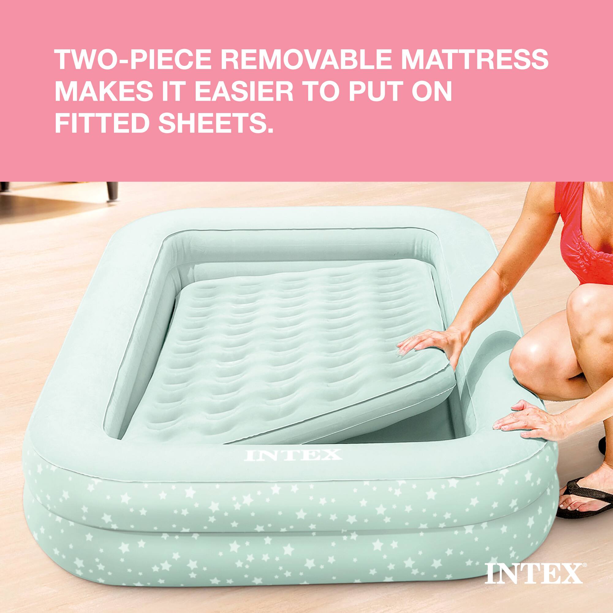 TWO-PIECE REMOVABLE MATTRESS MAKES IT EASIER TO PUT ON FITTED SHEETS.