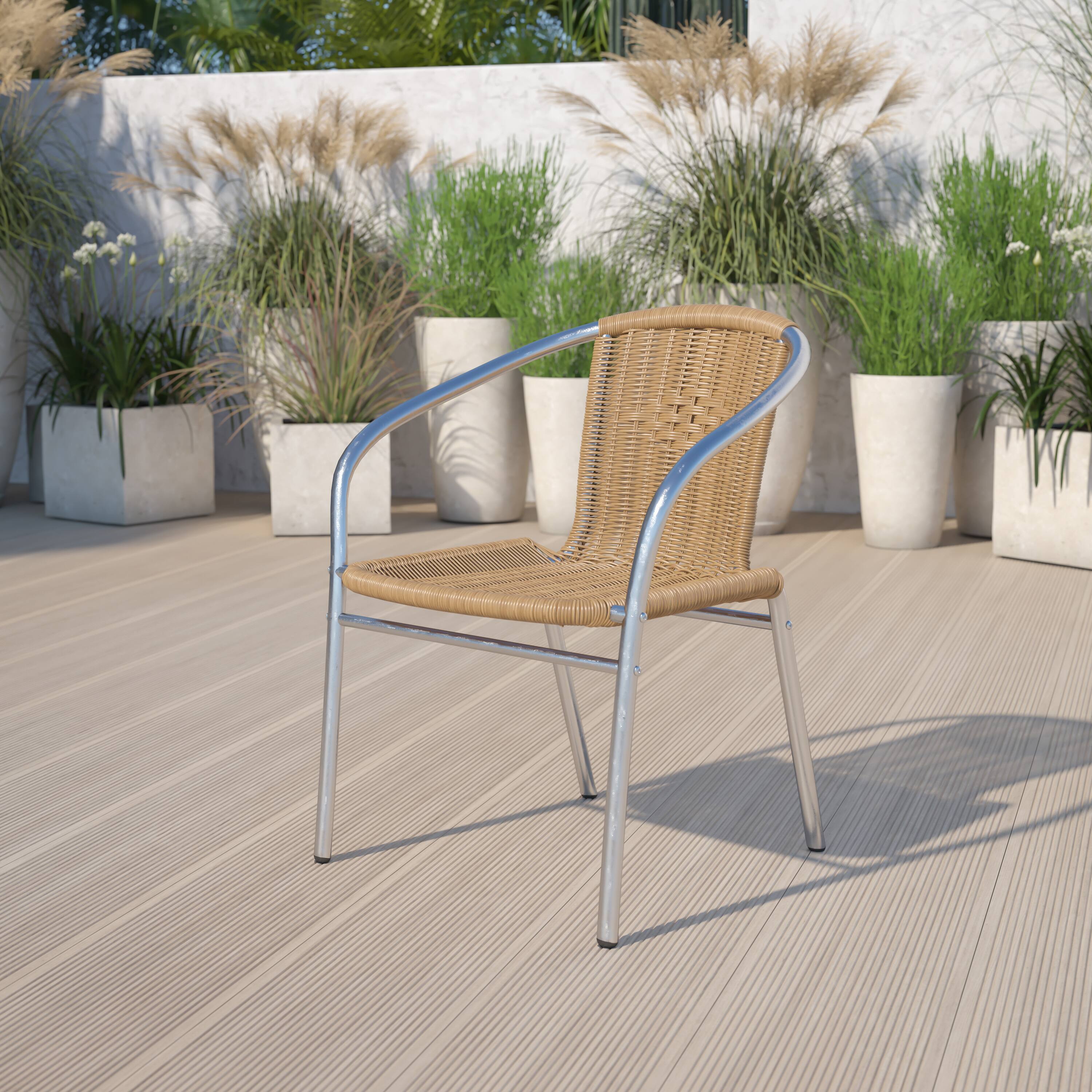Alt View 2. Emma + Oliver - 4 Pack Aluminum and Rattan Commercial Indoor-Outdoor Restaurant Stack Chair - Aluminum and Beige.