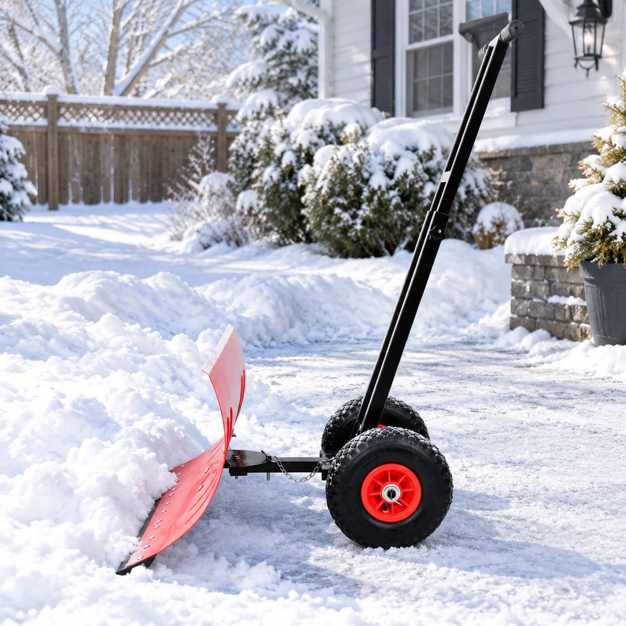 Alt View 2. RYHNUYNE - Dual Bar Snow Shovel with Wheels, 29 in Blade, 10 in Rubber Wheels, Adjustable Handle, Snow Pusher - Black+Red.