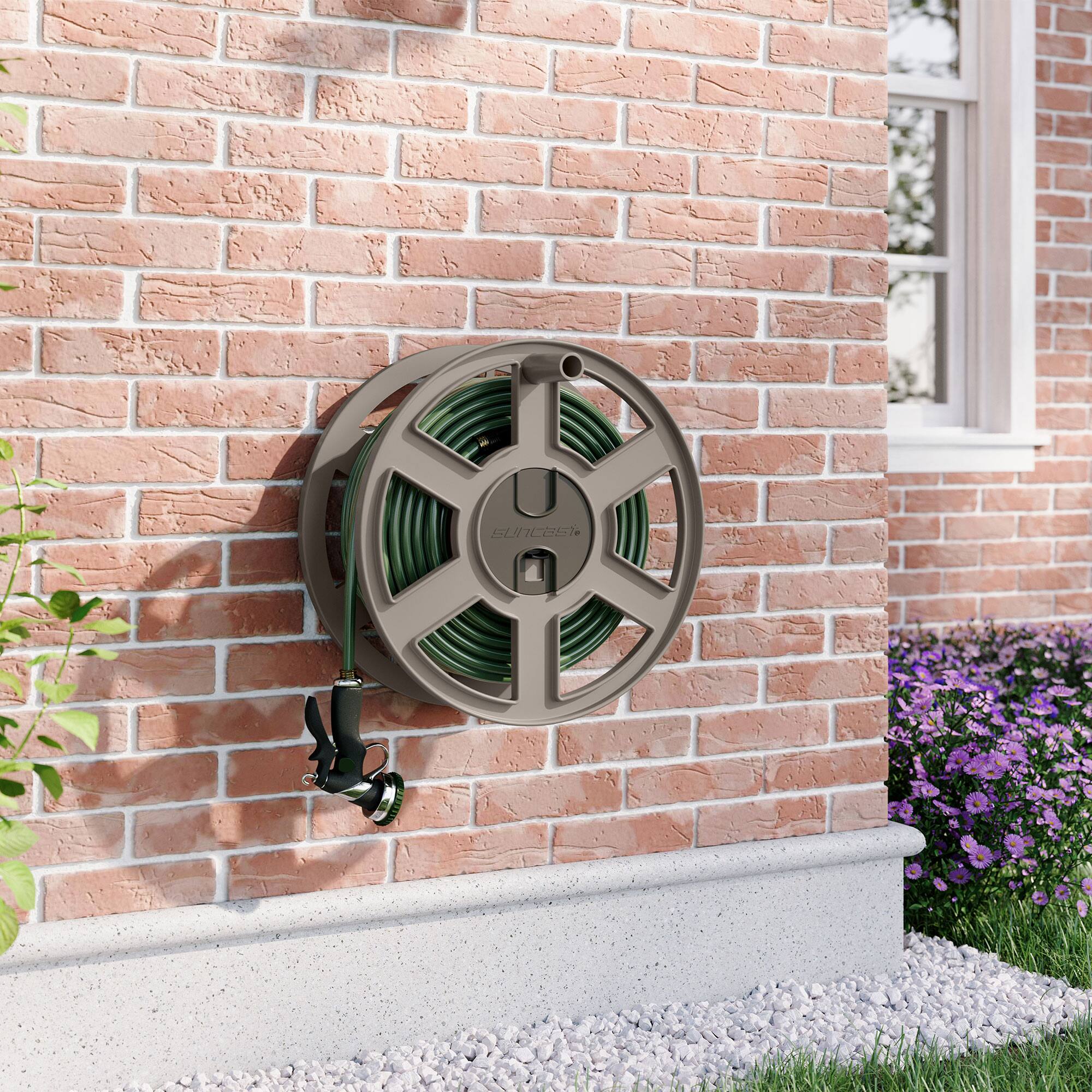 Alt View 3. Suncast - Suncast Sidewinder 100 Foot Wall Mount Garden Yard Outdoor Hose Reel, Taupe.
