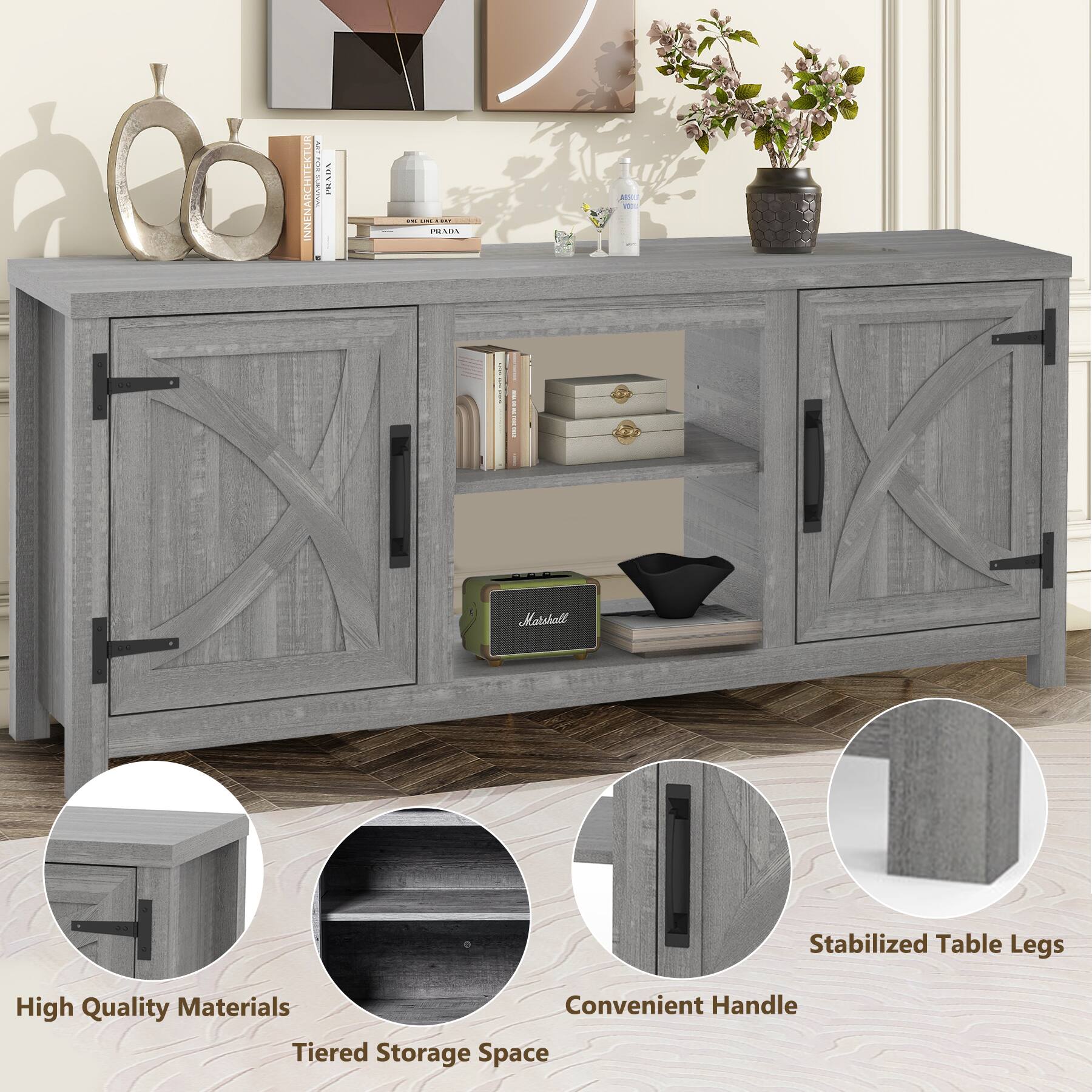 - High Quality Materials
- Tiered Storage Space
- Convenient Handle
- Stabilized Table Legs